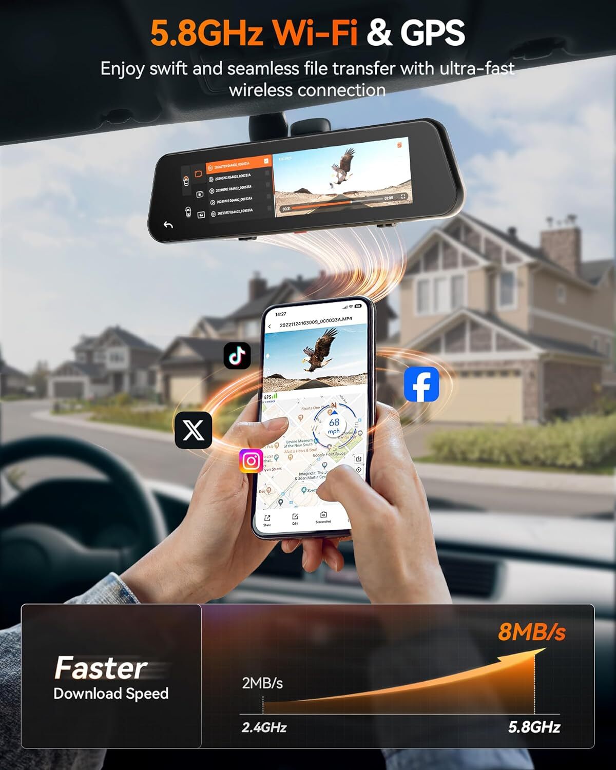 WOLFBOX G900Pro 12MP WiFi Touch Screen Rear View Mirror Dash Cam Smart Mirror