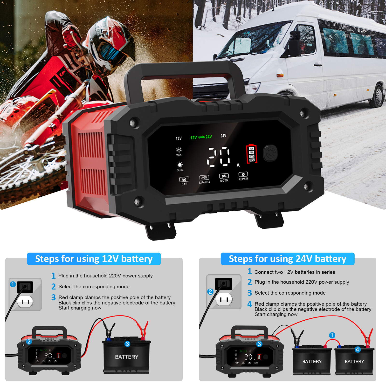 12V-20A 24V-10A Car Battery Charger Car Smart Repair Motorcycle Caravan Boat US