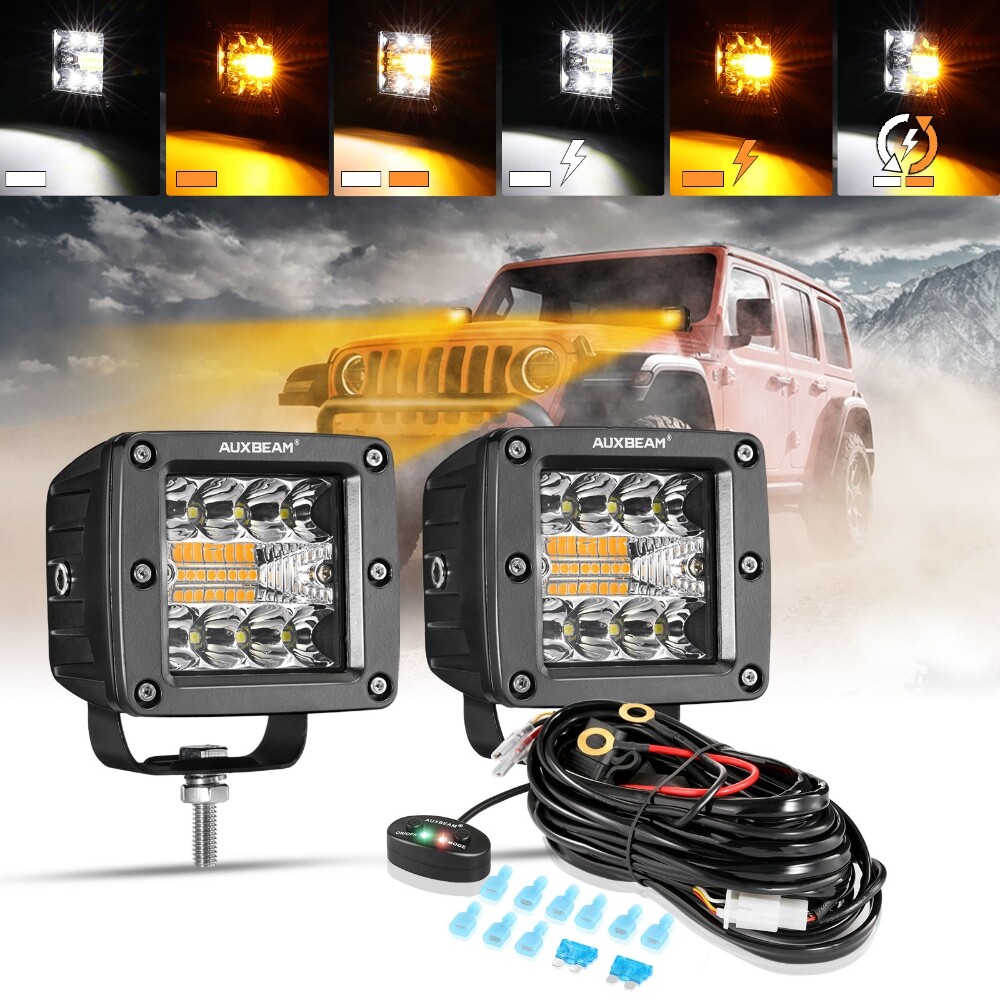 AUXBEAM 3″Inch LED Pods Light Bar Offroad ATV White Yellow Strobe Work Fog 3X3