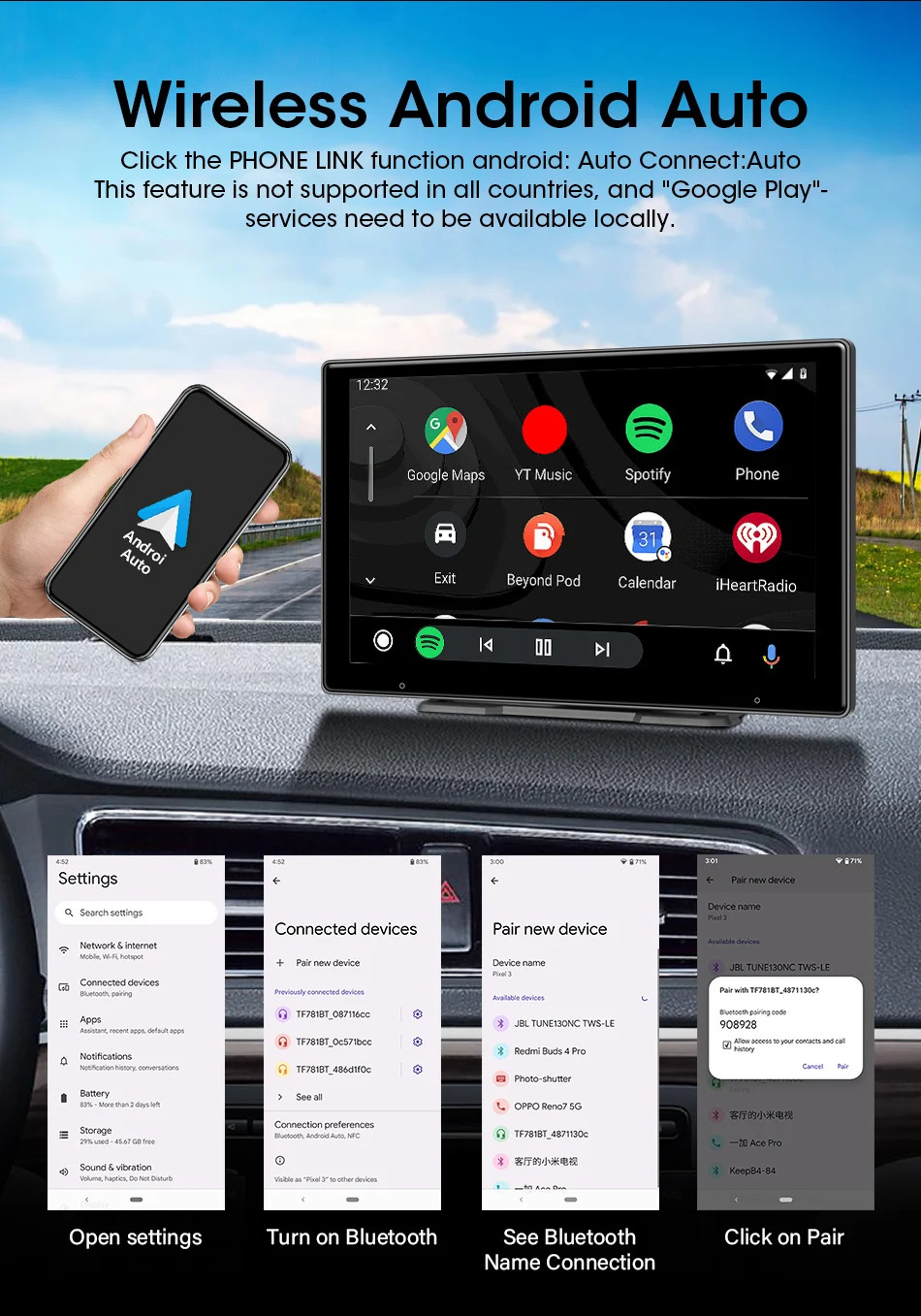 10 Inch DVR 4K Dashcam Wireless Carplay Android Auto Dual Lens Camera