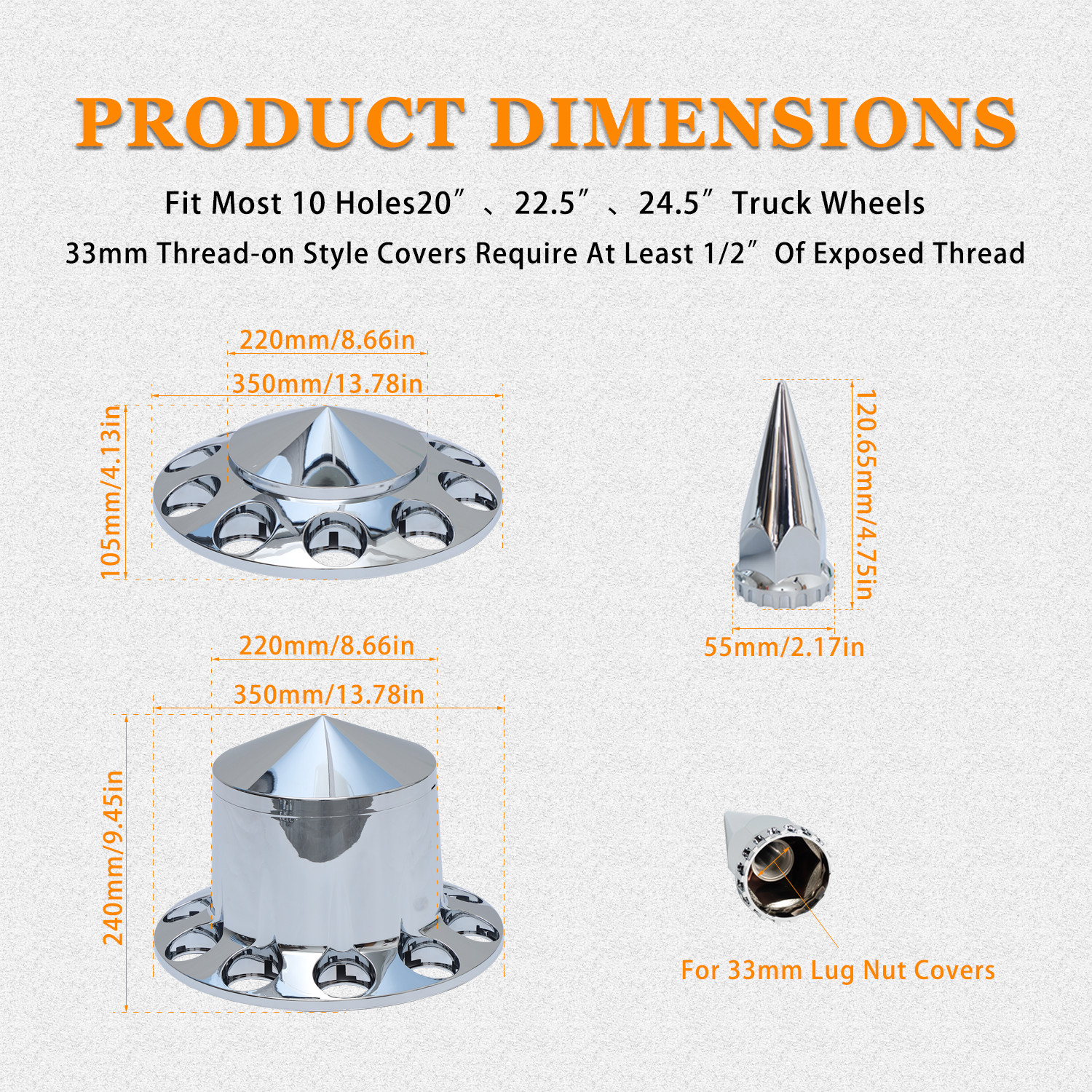 Chrome ABS 33mm Spiked Axle Cover w/ Thread-On Lug Nut Covers for Semi Trucks