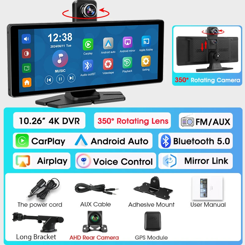 7″/10.26″ 4K Dash Cam Wireless Android Auto 350° Rotating Lens Car DVR GPS