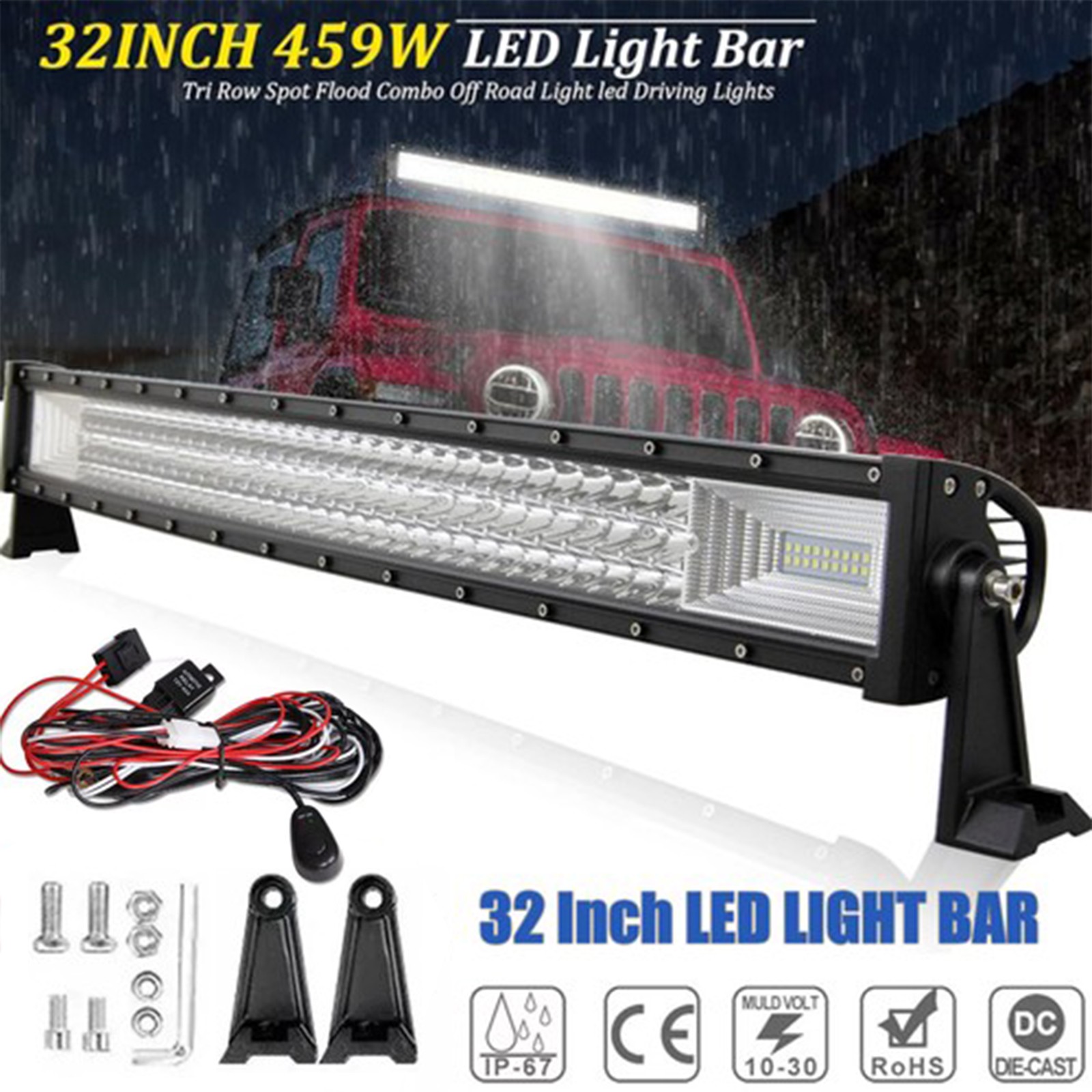 32 Inch LED LIGHT BAR Tri Row Spot Flood Combo Truck Offroad 4WD ATV SUV Light