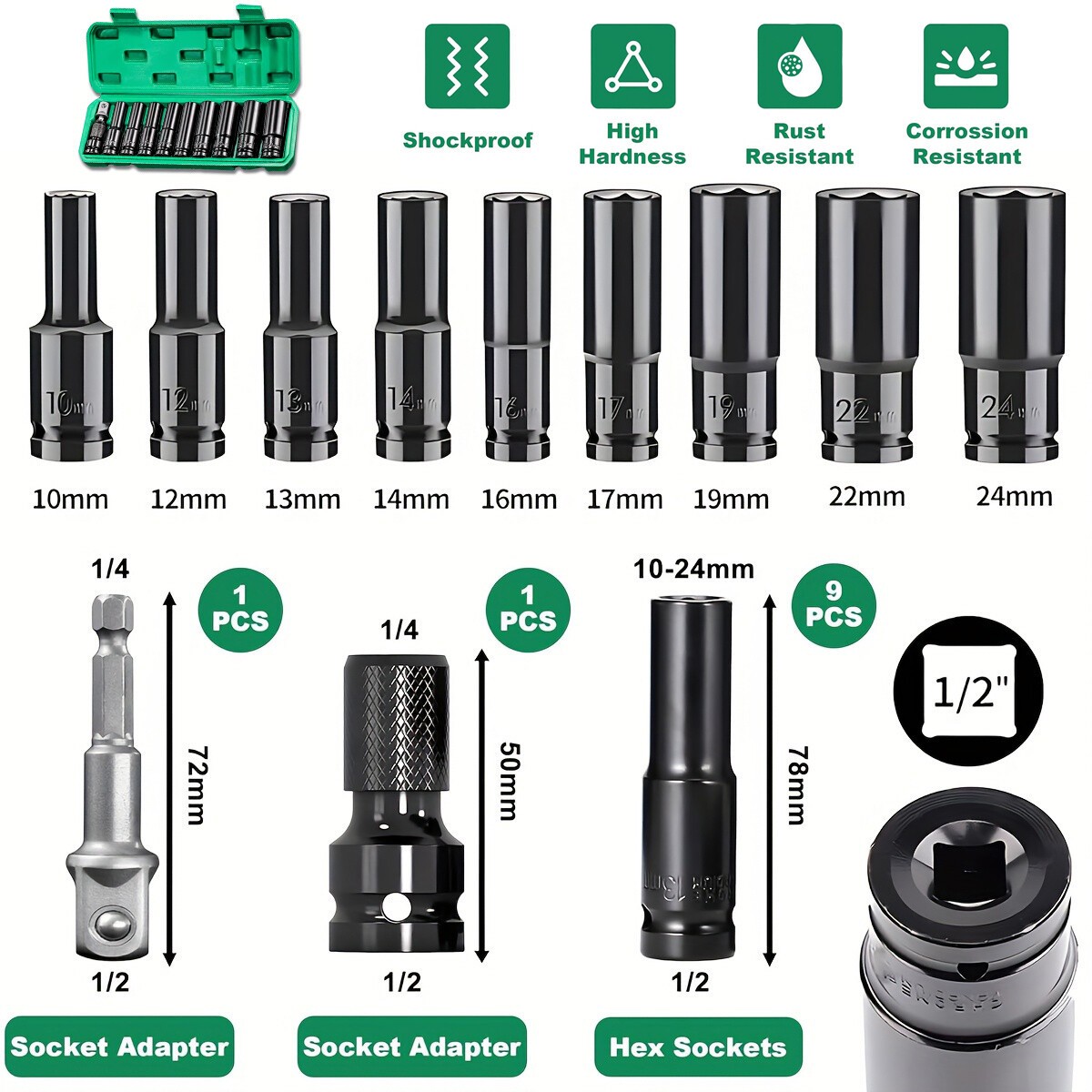 10pcs Metric Deep Impact Socket 1/2″ Drive 10mm-24mm 6 Point Sockets w/ Case Set