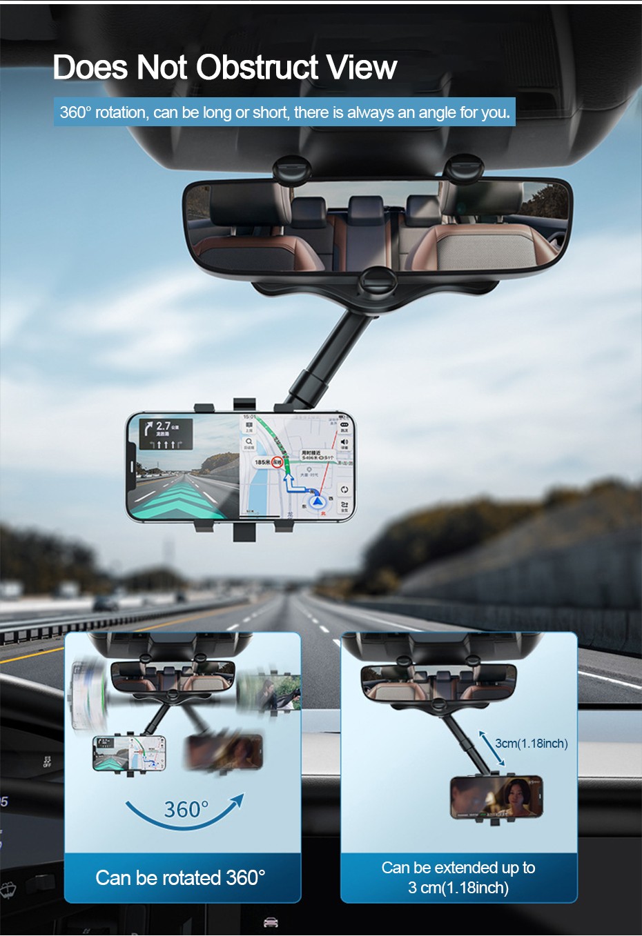 360° Car Rearview Mirror Hanging Phone Mount Holder Stand For Apple iPhone 14