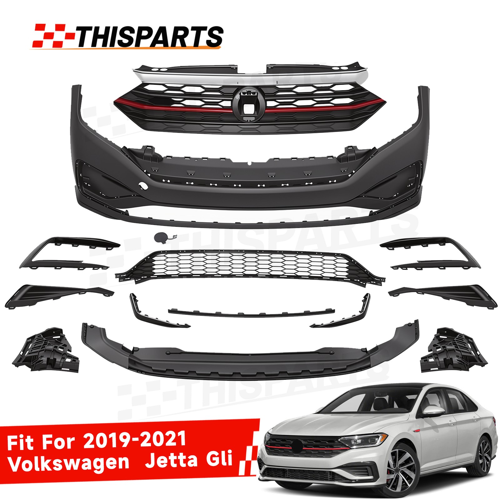 Front Bumper Grill For Volkswagen VW Jetta GLI 2019 2020 2021 Fog Light Black