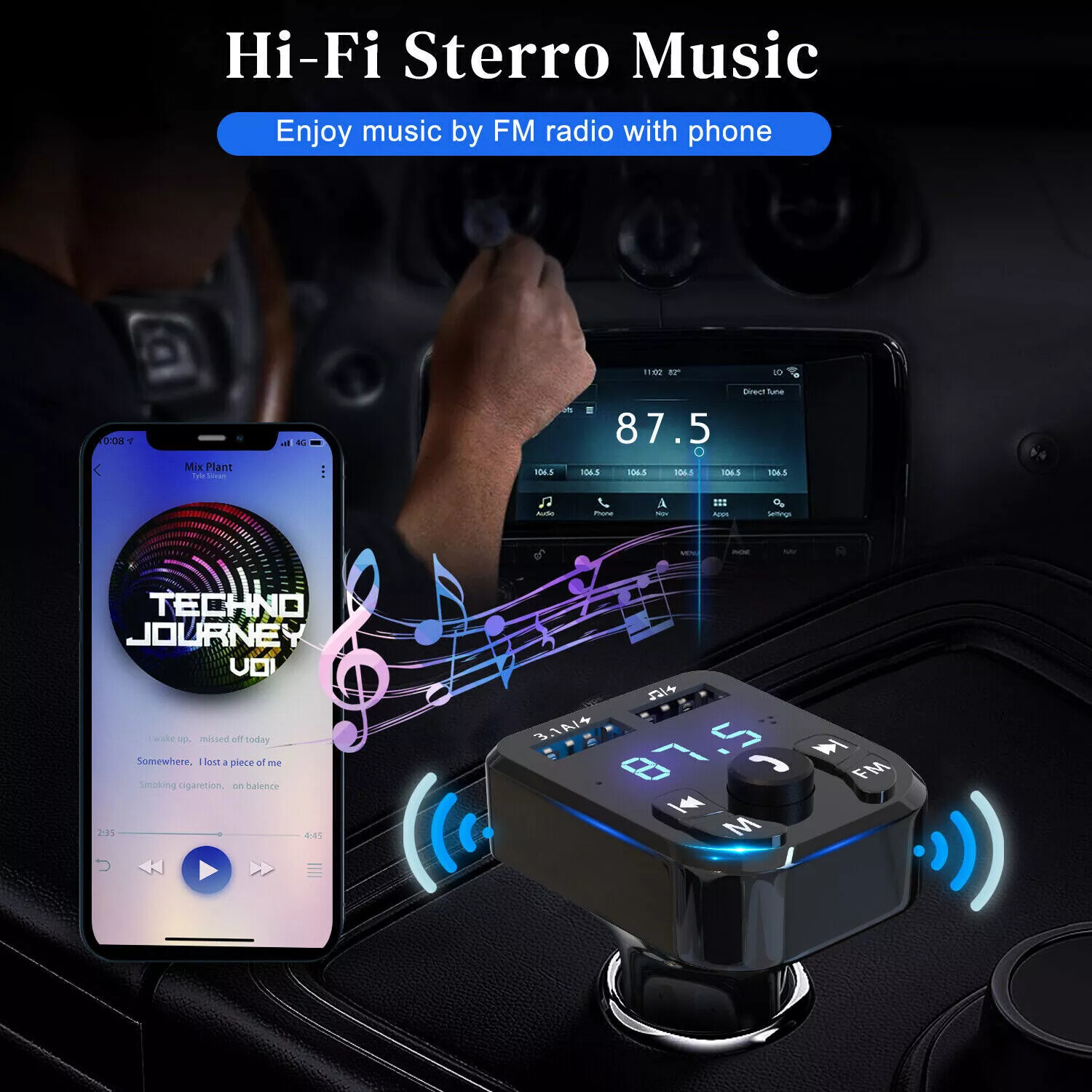 Car Bluetooth 5.0 Wireless FM Transmitter Adapter 2USB PD Charger AUX Hands-Free