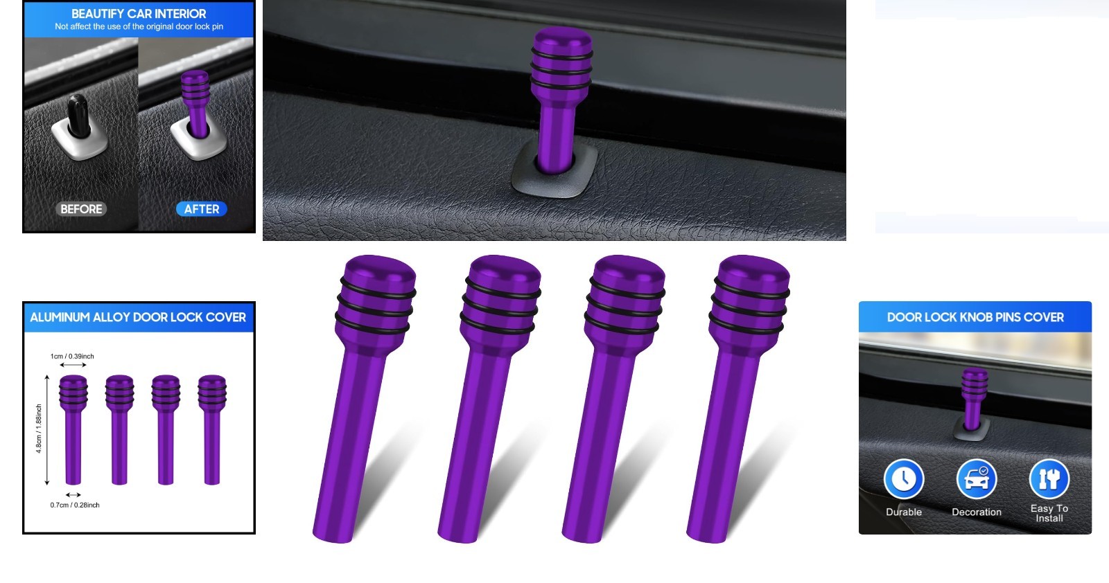4PCS Car Door Lock Knobs Aluminum Alloy Universal Auto Interior Decor Purple