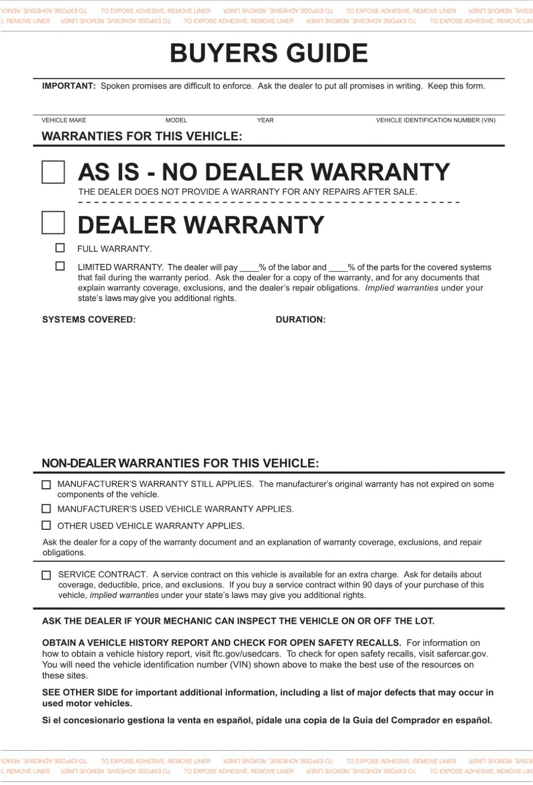 Buyers Guide Forms As-Is Federal Buyers Guide As Is No Warranty Form Pack of 100