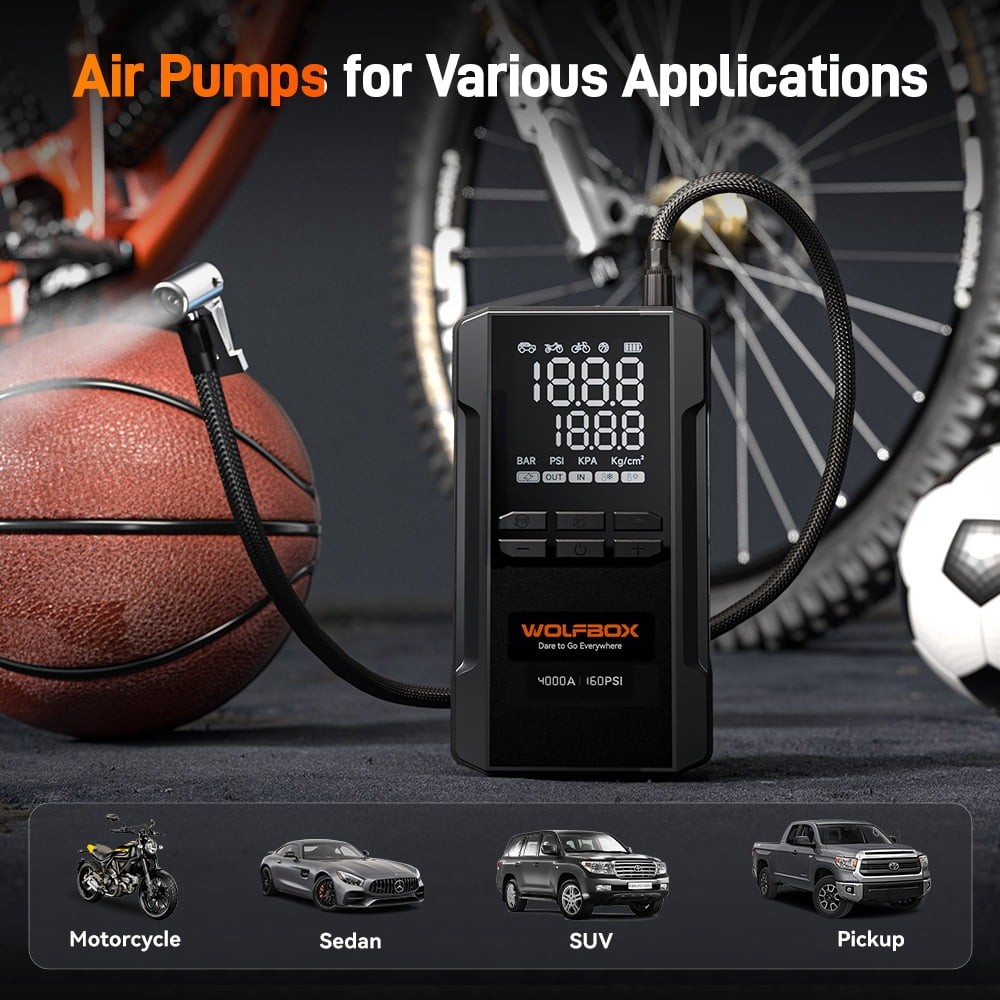 WOLFBOX Jump Starter W/Air Compressor, 4000A Portable Car Battery Booster Black