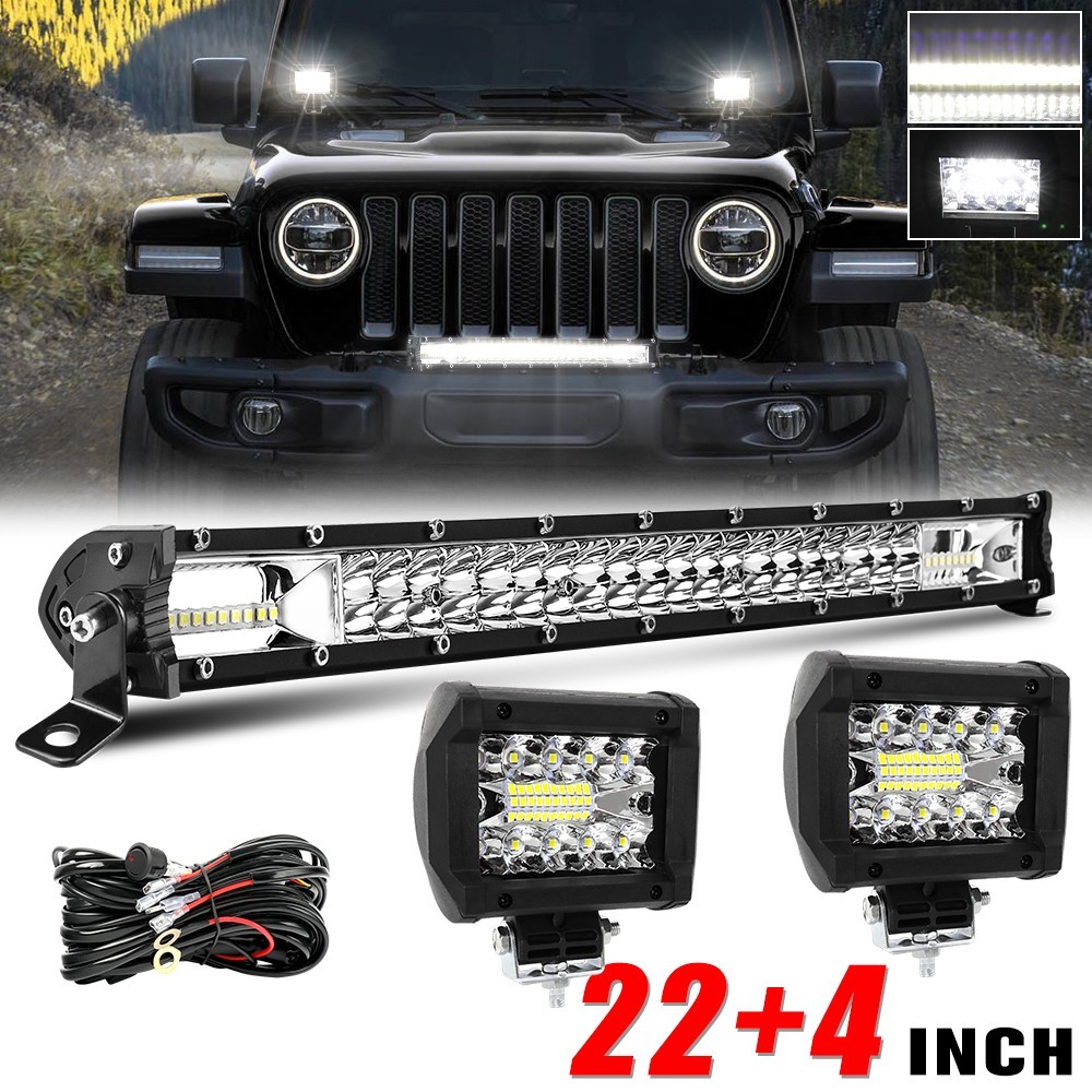 20inch LED Light Bar Spot Flood Combo +4″ Pods Offroad For Jeep Truck SUV+Wiring