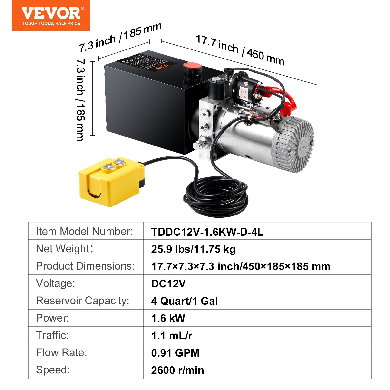 VEVOR Hydraulic Pump 4 Quart Single Acting Dump Trailer Pump Power Unit DC 12V