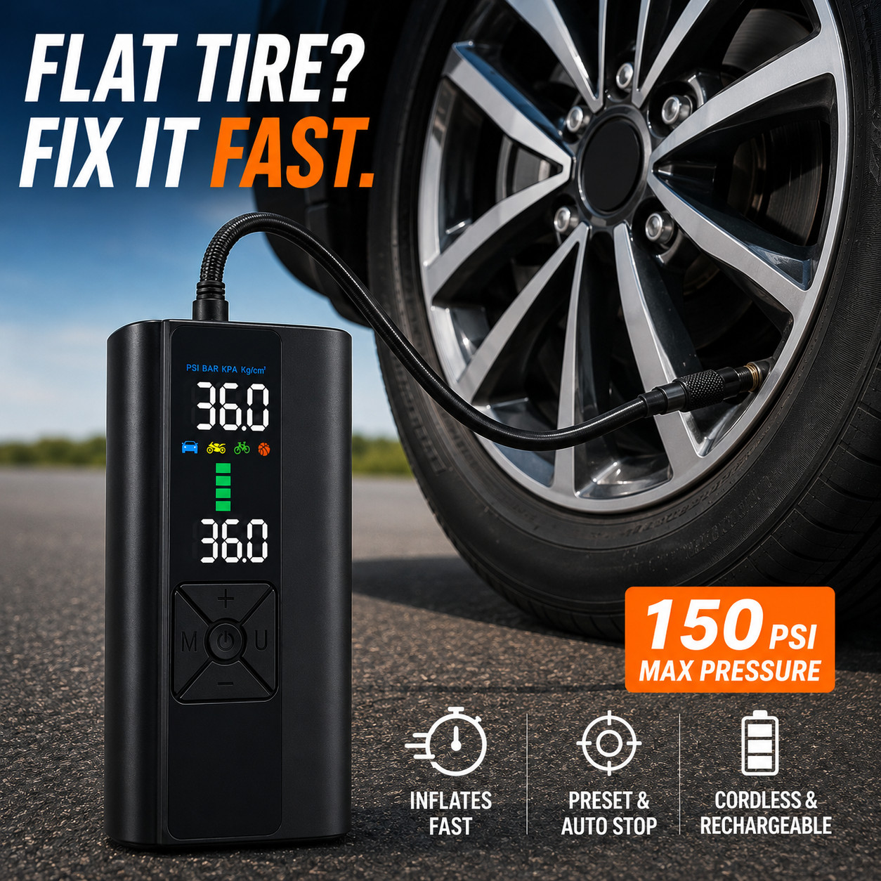 Cordless Tire Inflator Portable Air Compressor 150PSI Digital Auto Shut Off Car