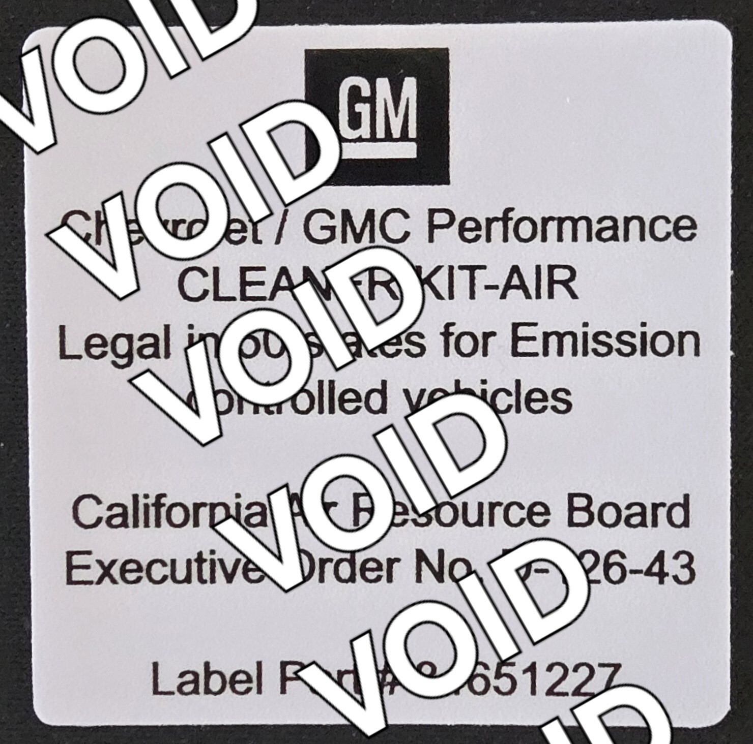 GM Chevrolet Performance CA 50 State Legal Executive Order D-126-43 CARB Sticker