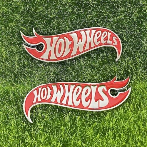 2x Metal Red Silver Hot Wheels Fender Lid Hood Badge Hotwheels Decal Emblem