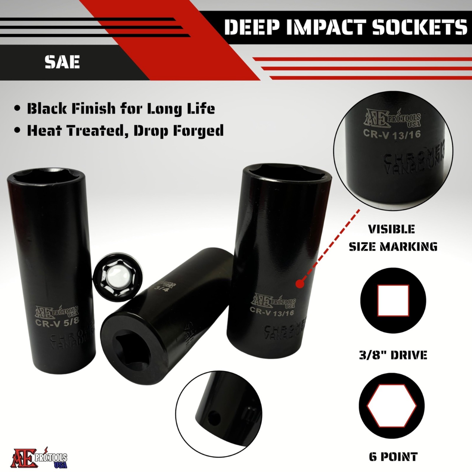 {8pc} Deep Impact Socket SAE Set, 3/8″ Drive, 6 Point Sockets, 3/18″ – 13/16″