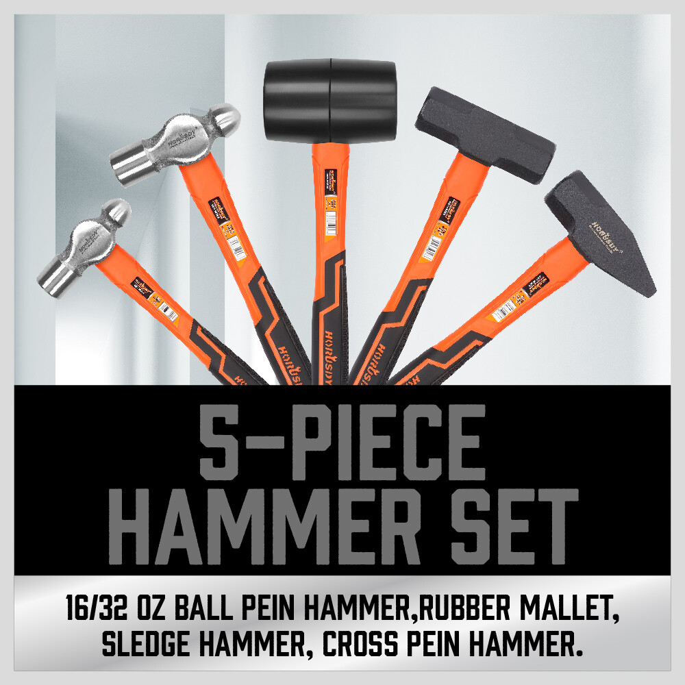HORUSDY 5PC Hammer Set 16/32OZ Ball Pain 32OZ Rubber 3lb Sledge 3lb Cross Hammer