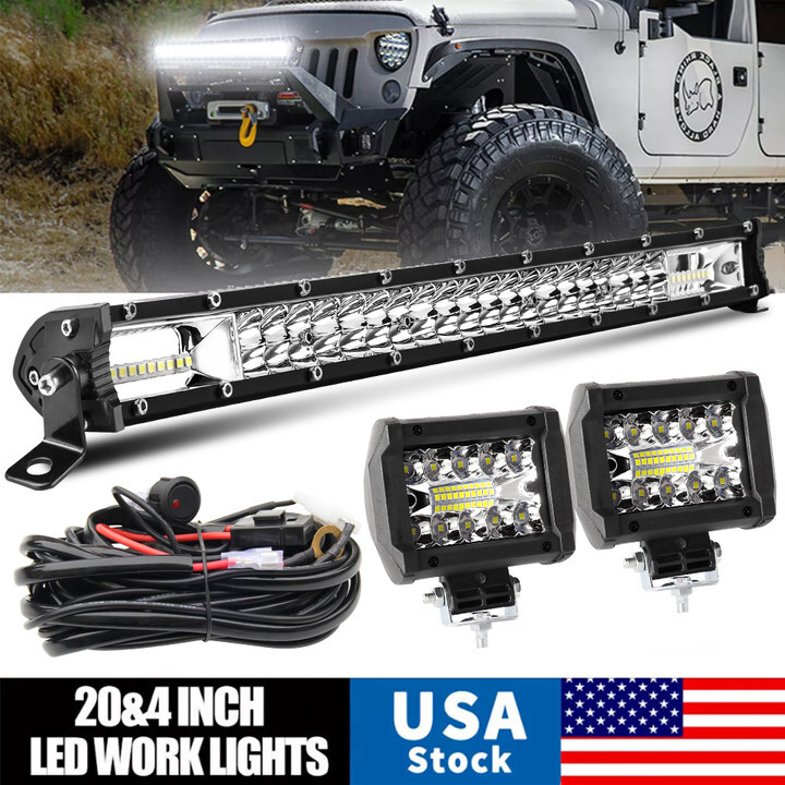 LED Light Bar 20Inch 300w Spot Flood Combo Light with Wiring Harness 4”Pods Kit