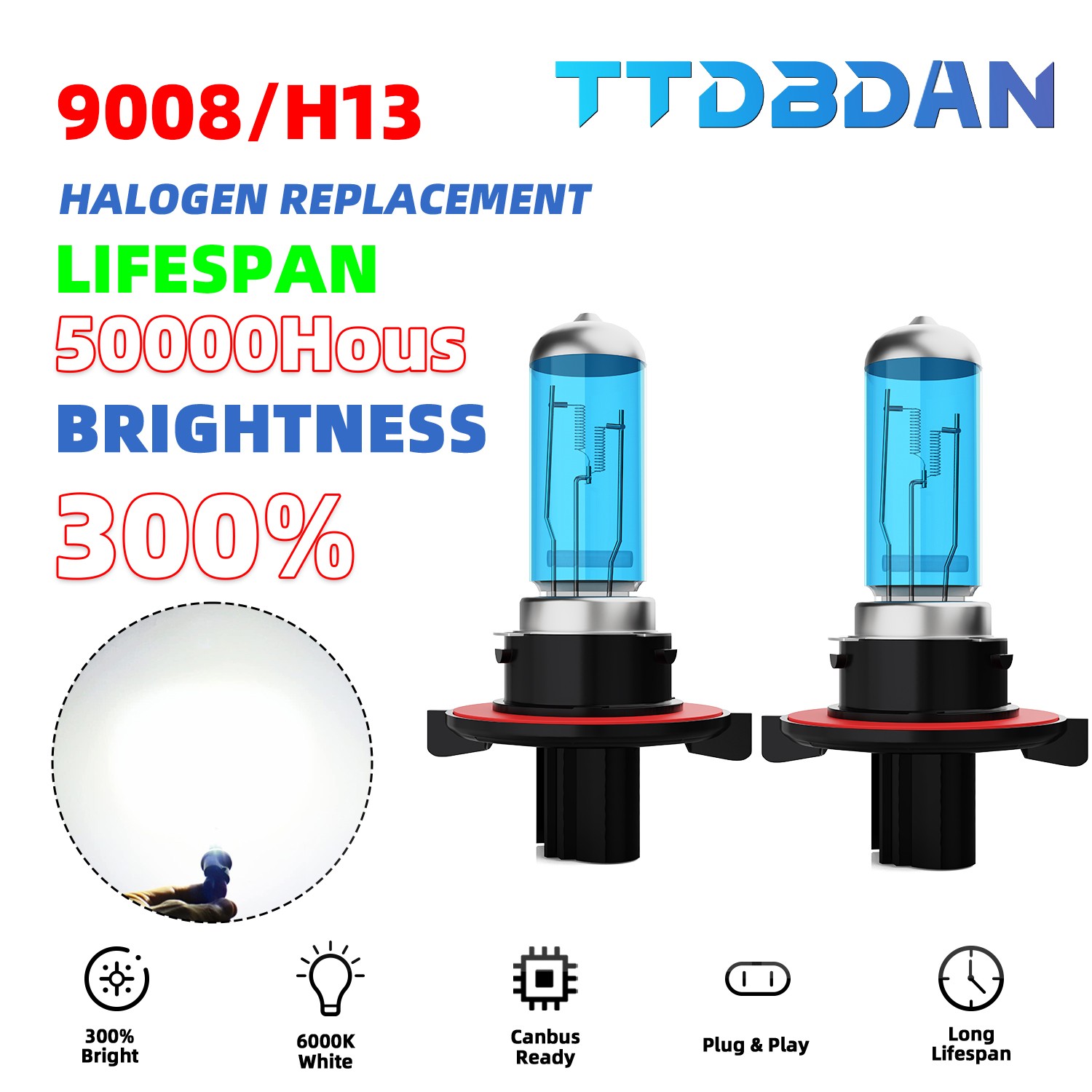 2PCS 9008 H13 Warm White Halogen Headlight Bulb Kit High/Low Beam 300% Bright