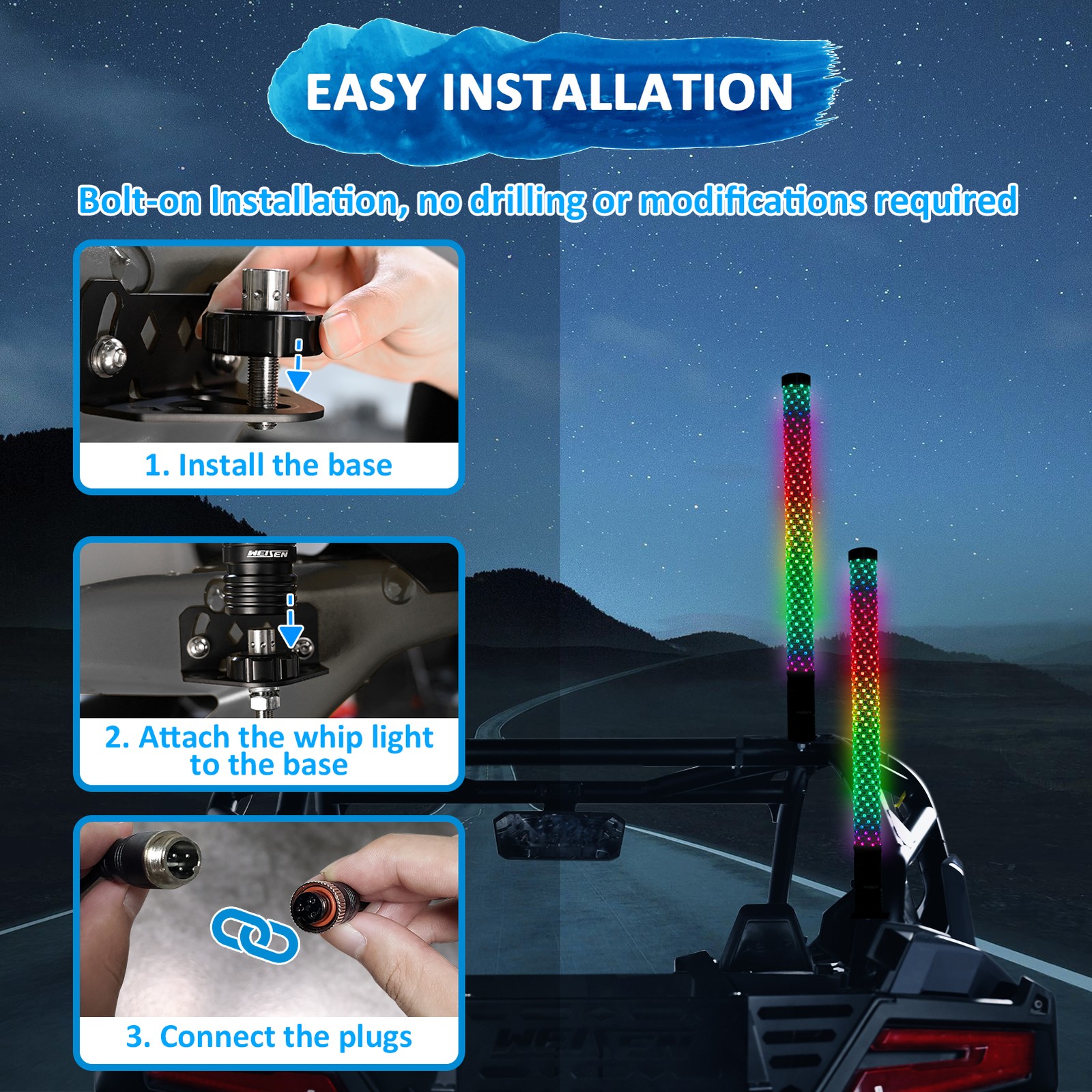 Pair 2FT Spiral LED Fat Whip Light Antenna RGB Chasing For Can-am X3 RZR UTV ATV
