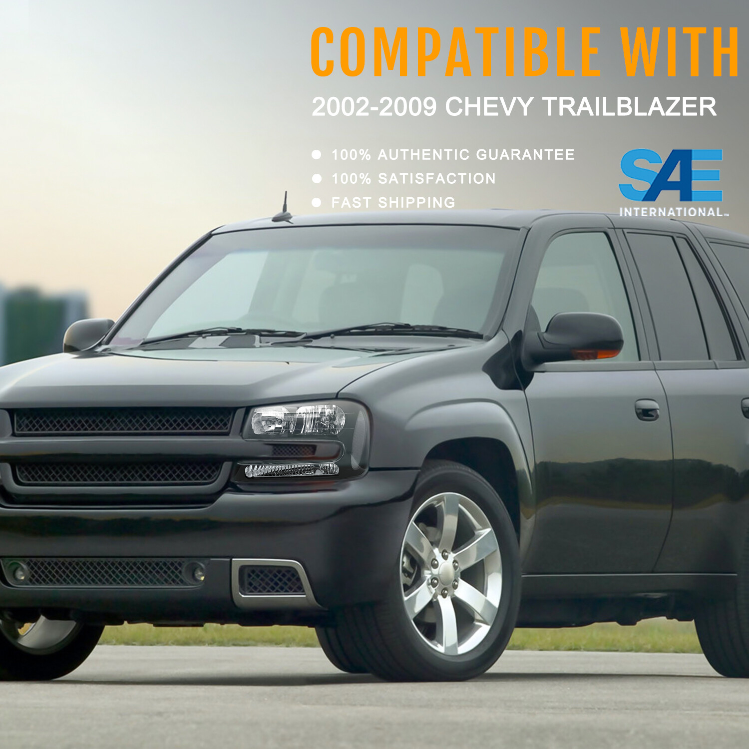 For 2002-2009 Chevy Trailblazer Black Housing Halogen Headlights Headlamps Pairs