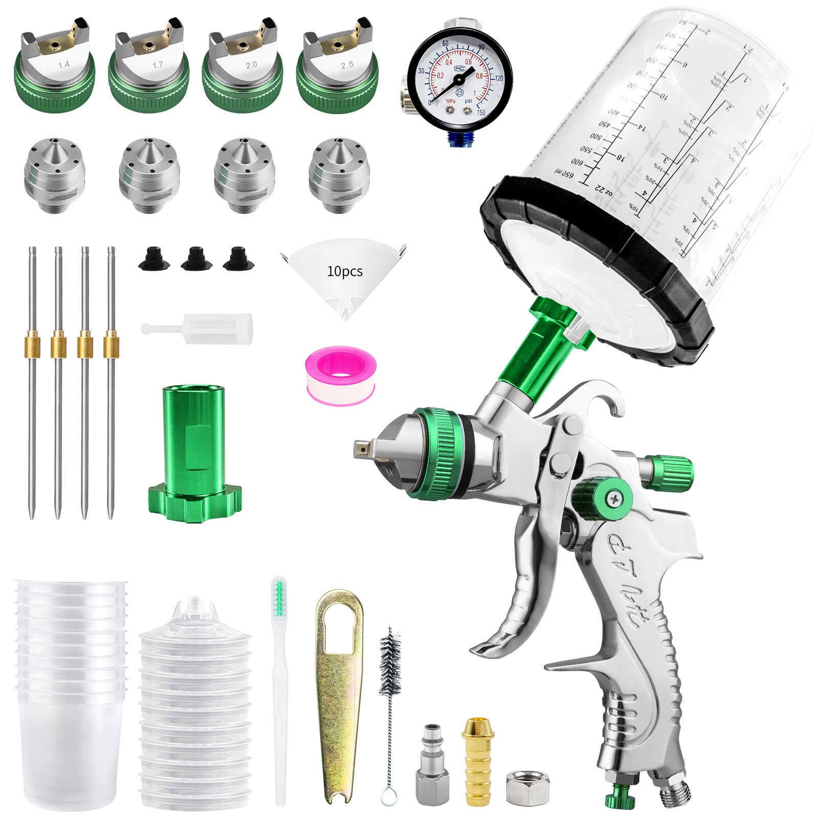 HVLP Spray Paint Gun, Automotive Gravity Feed Paint Gun Kit w 1.4/1.7/2.0/2.5mm