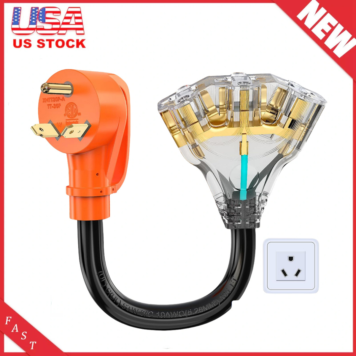 30 Amp to 110V Adapter Generator Power Cord, 3 Prong TT-30P Male to 3X5-20R ETL