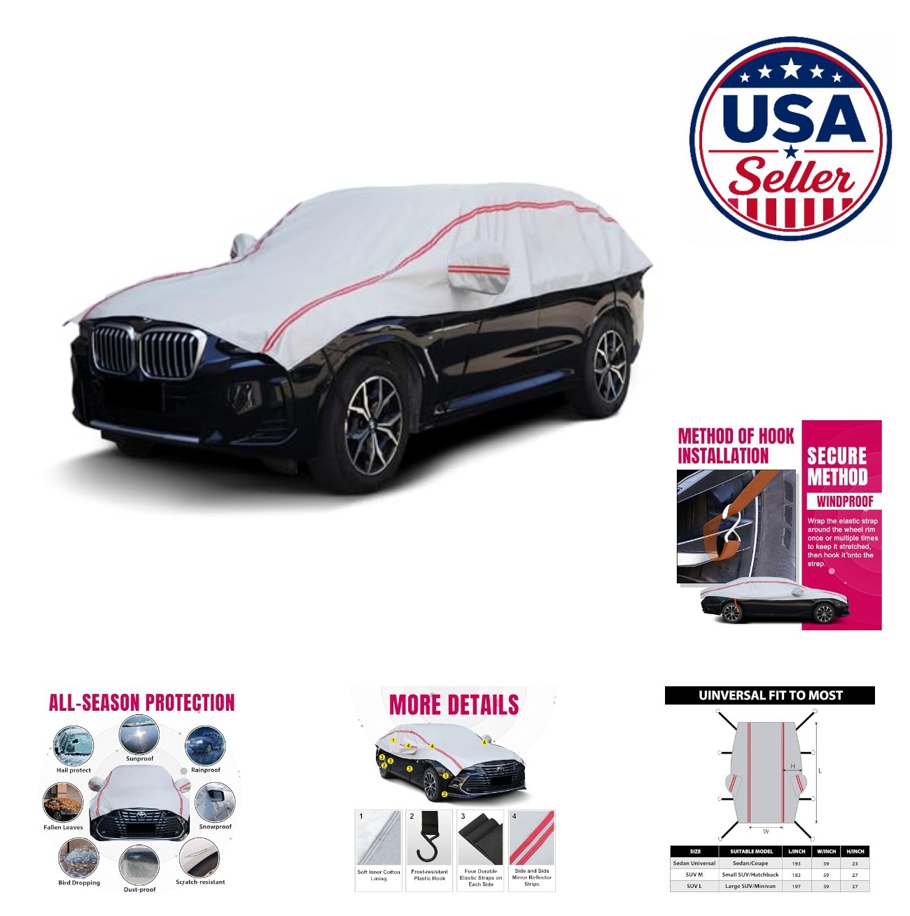 Half Car Cover SUV with Red Reflective Strip Hail Protector Cotton Liner Ice