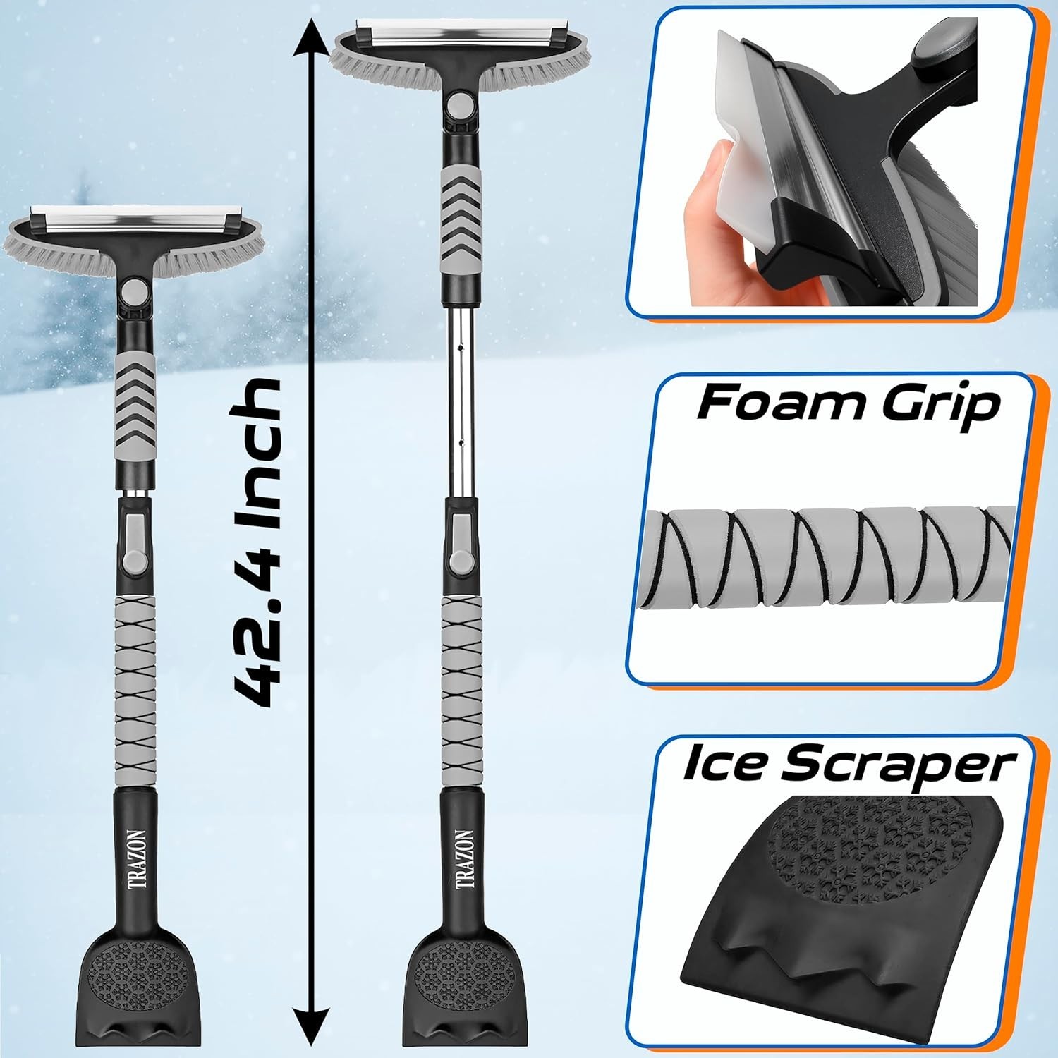 Effortless 42.4” Extendable Snow Brush & Ice Scraper for Safe Winter Driving