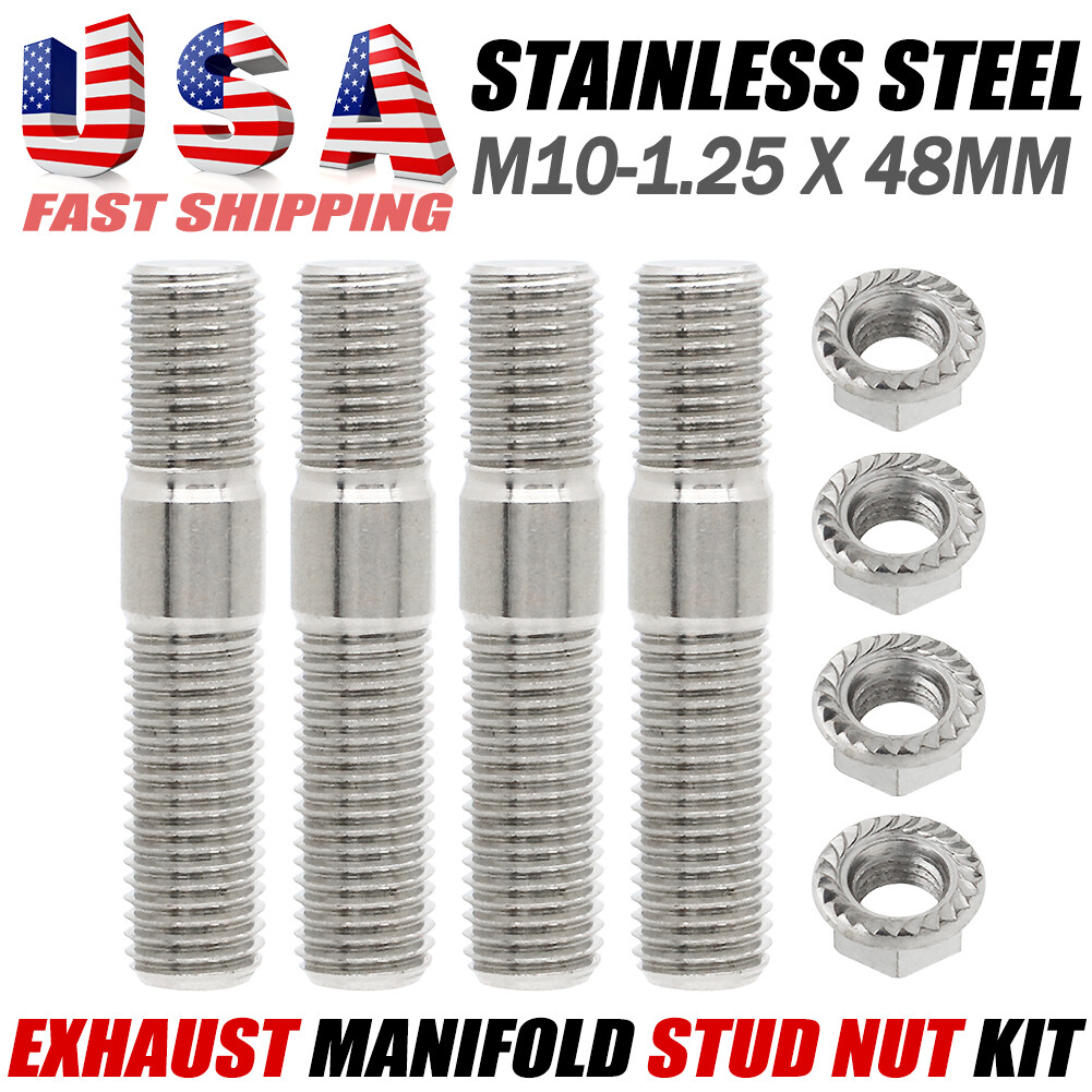 4x M10x1.25″ Stainless Exhaust Studs & Serrated Lock Nuts Manifold Flange Kit US