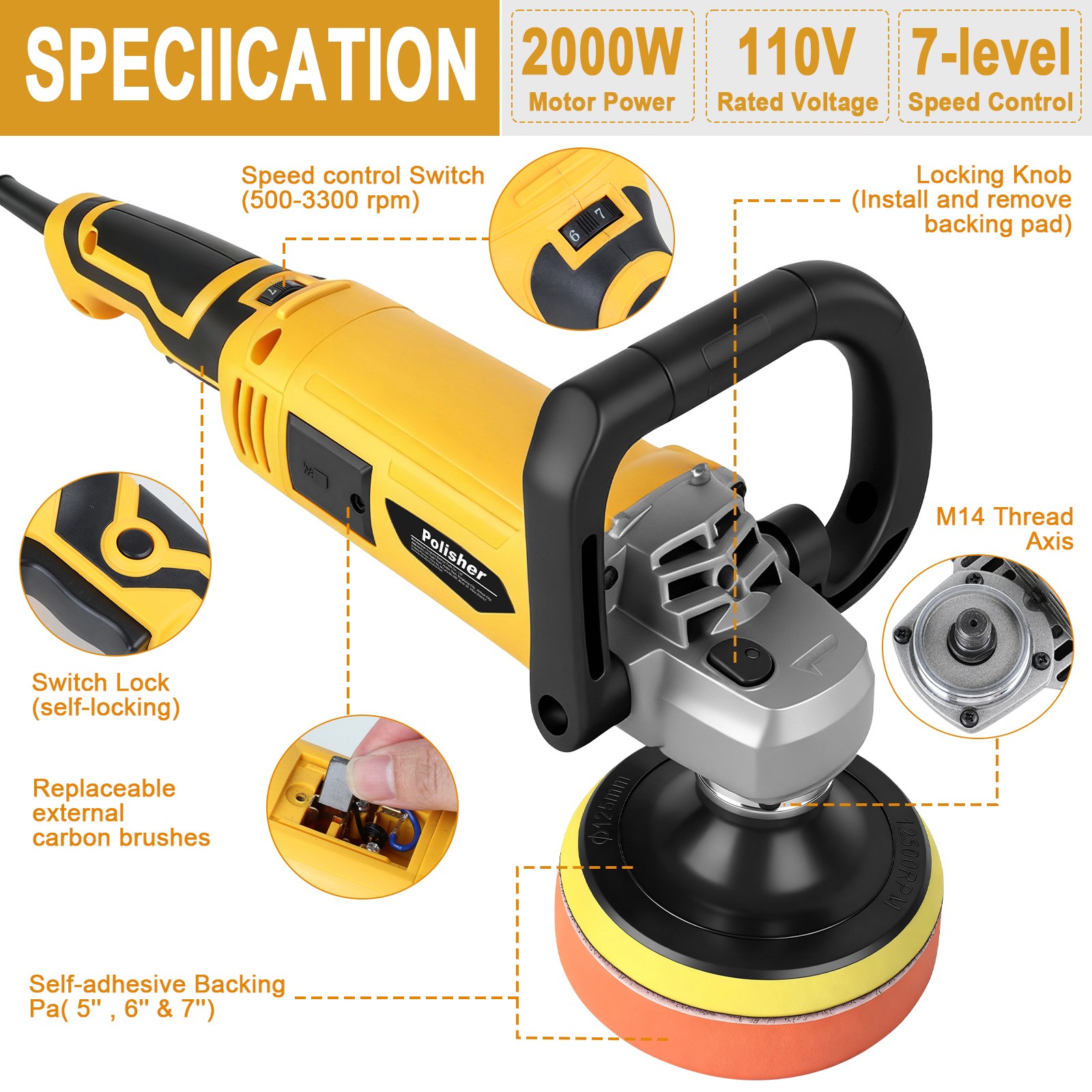Car Polisher Buffer Sander 1580W Auto Polishing Machine 5″ 6”Pad Bonnet Kit Set