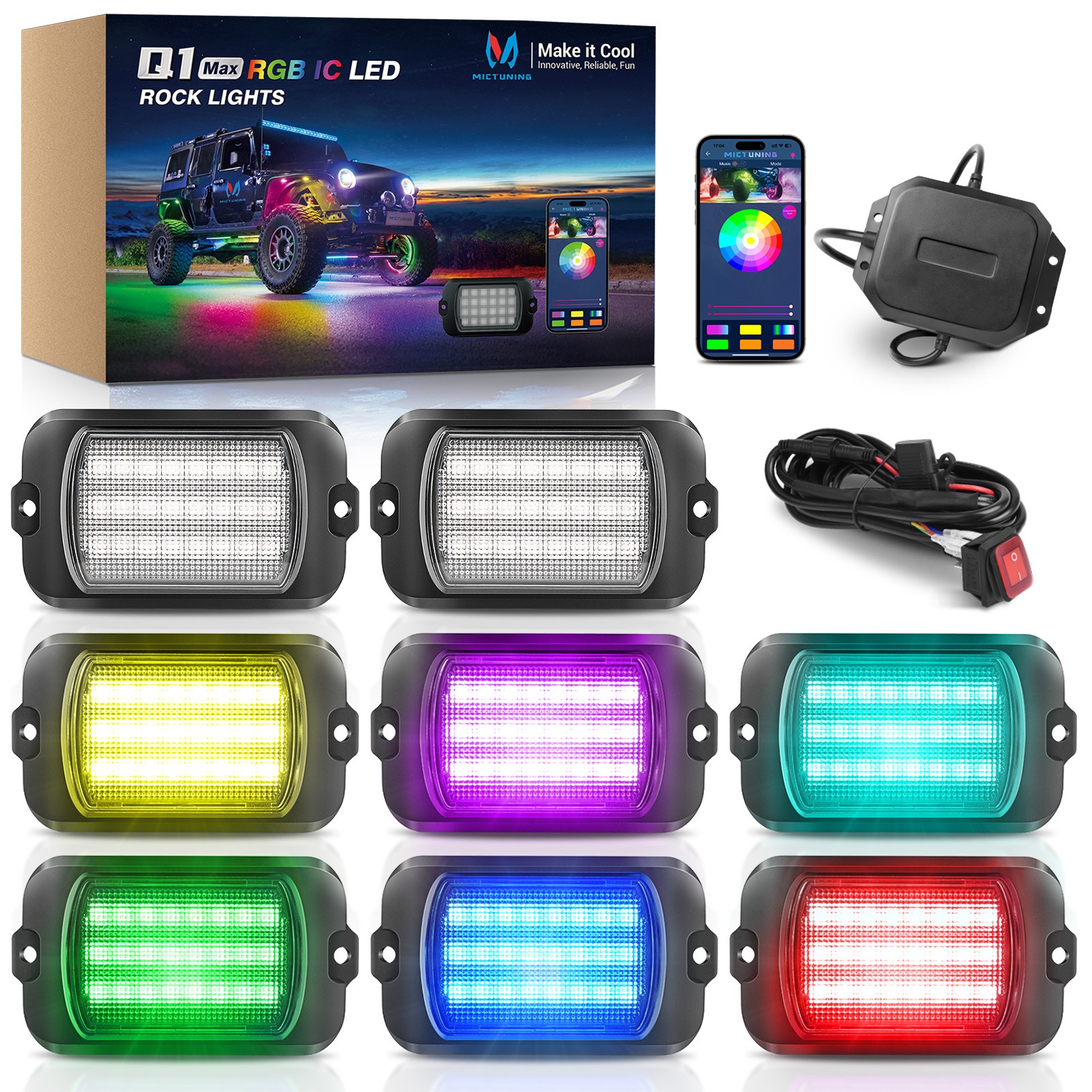 MICTUNING Q1 8 Pods RGB+IC LED Rock Lights Dream Color Underglow Neon Light Kits