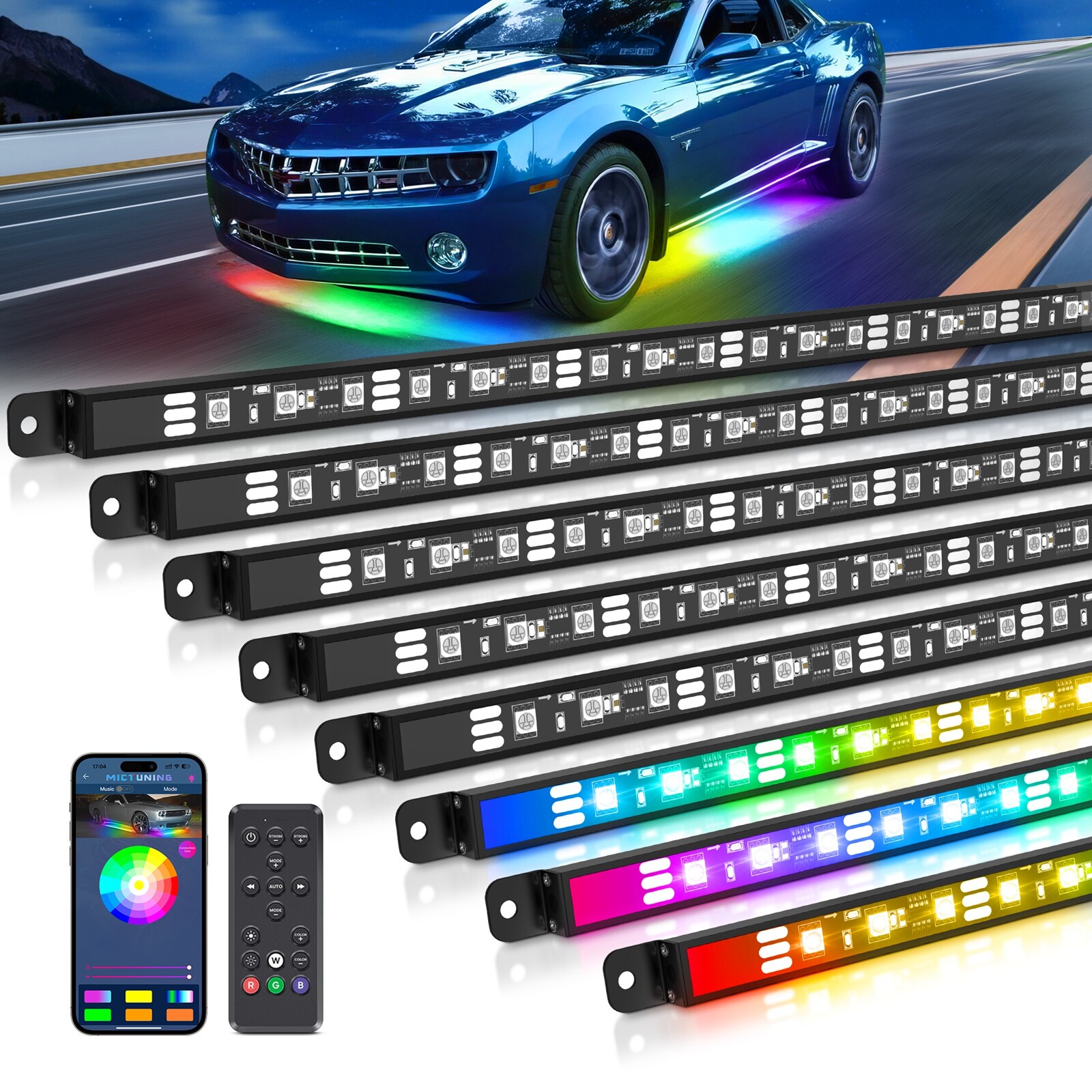 Bluetooth 8PCS RGB Car LED Underglow Lights Strip Dream Color Chasing Lights Kit
