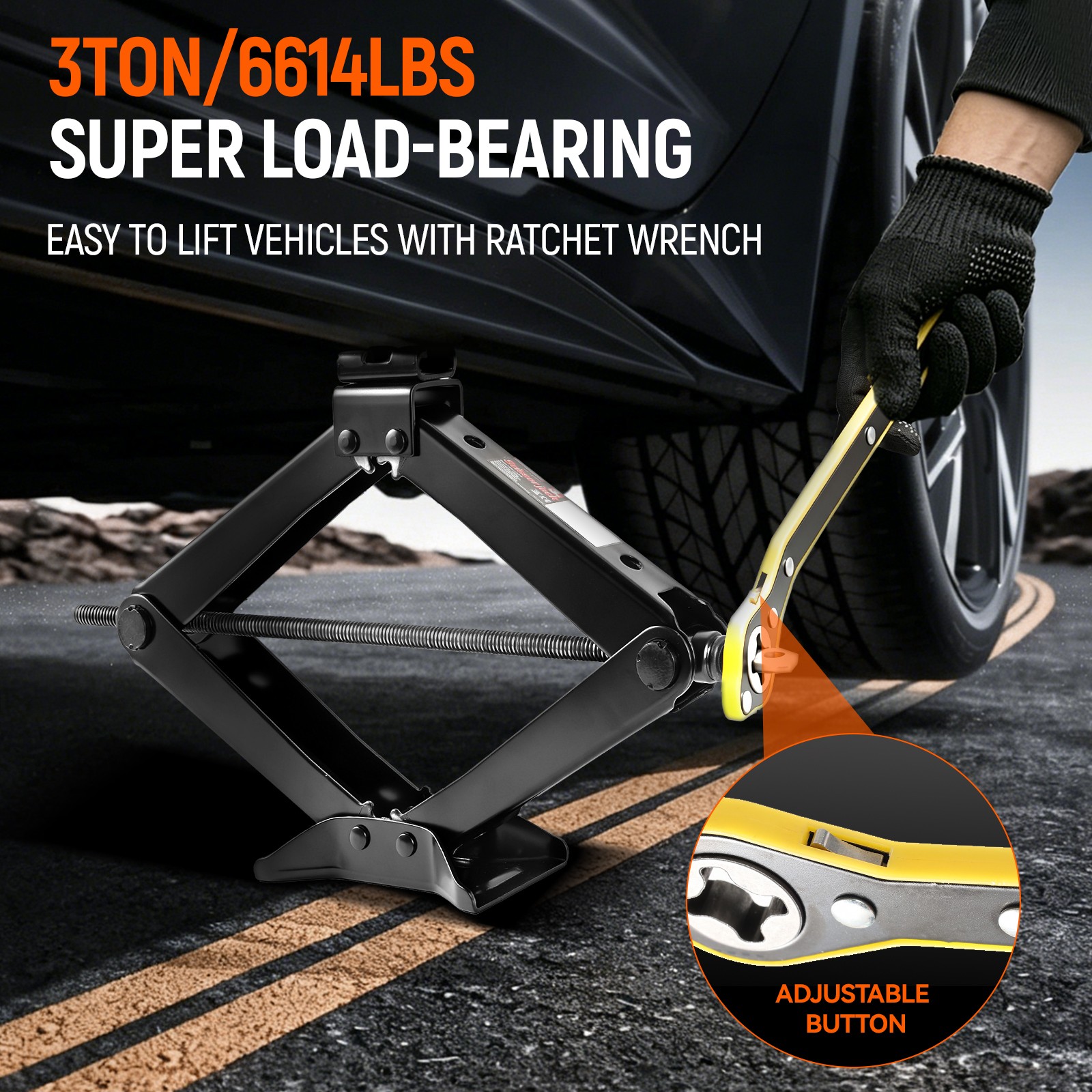 Heavy Duty 3T Scissor Jack Car Emergency Lift Tool 440mm w/ 360 Rotatable Head
