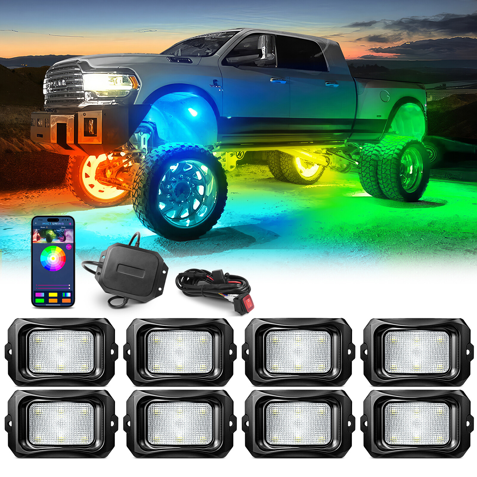 MICTUNING C2 RGB+IC Dream Color LED Rock Lights Kit, 8-24 Pods Underglow Lights