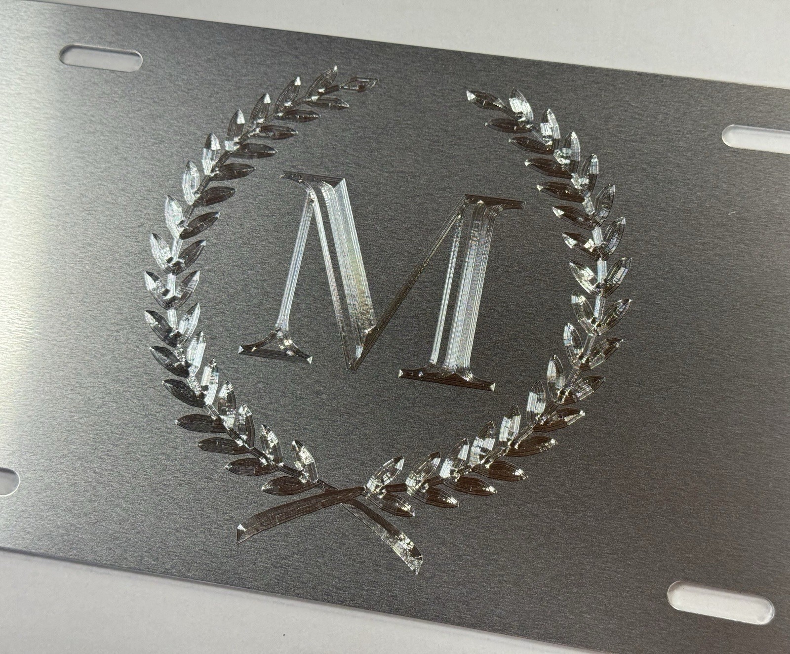 Custom Engraved Monogram Crest Car Tag Diamond Etched Silver Metal License Plate