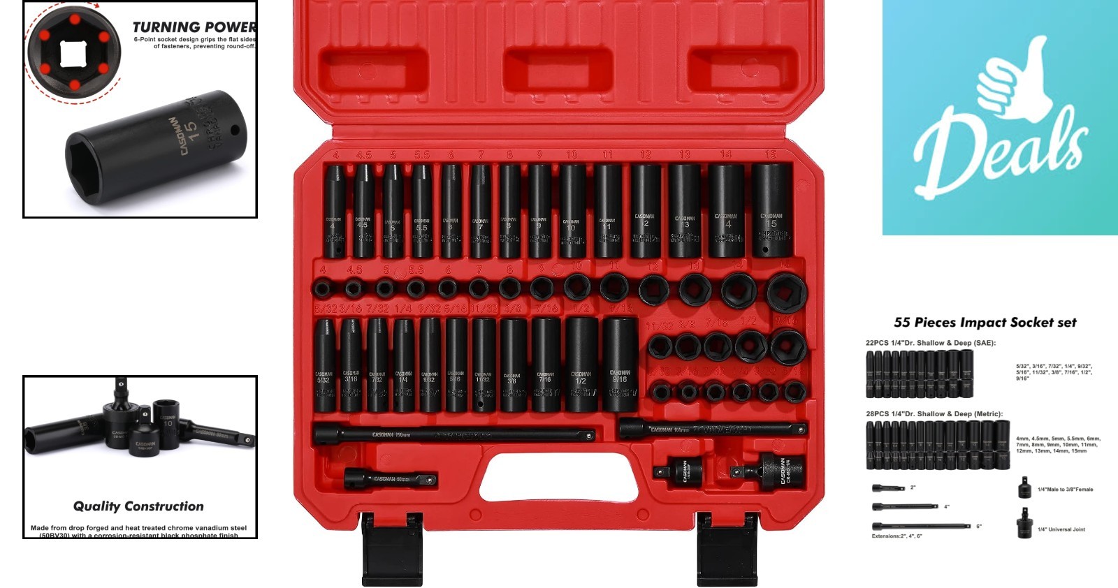 55PCS Socket Set, 1/4-Inch Drive, Cr-V Steel with Deep & Shallow Sockets