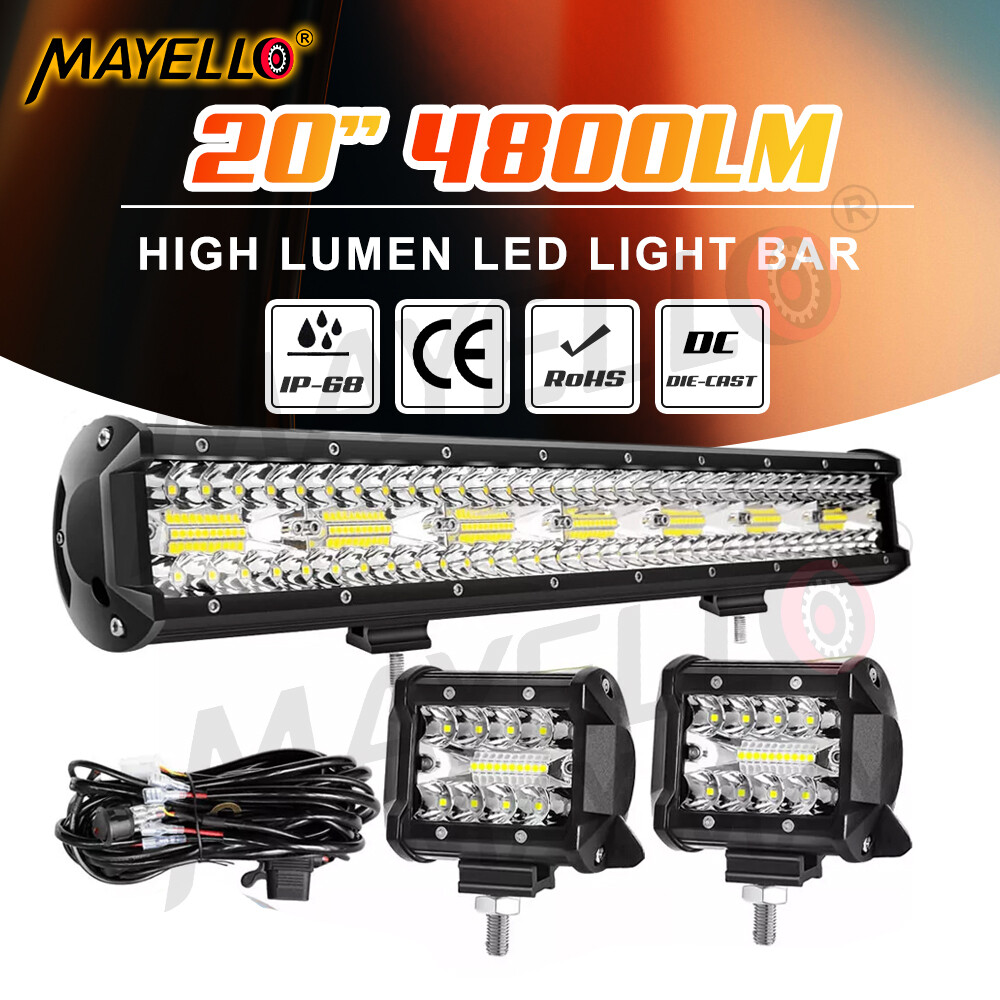 20inch LED Light Bar+4″ Pods Spot Flood Combo Offroad Driving Truck 4WD+Wire 24″