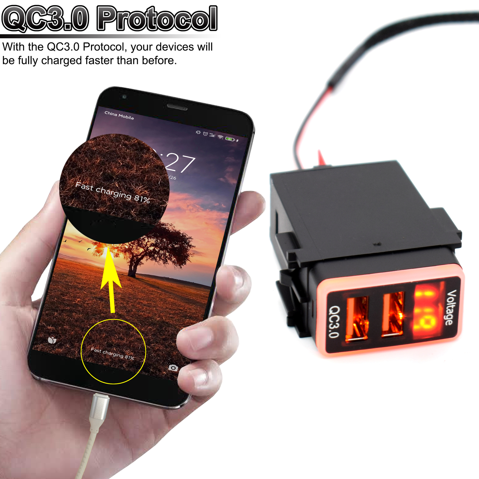 2 USB Phone Car Charger Adapter QC3.0 Fast Charging Digital Voltmeter For Nissan
