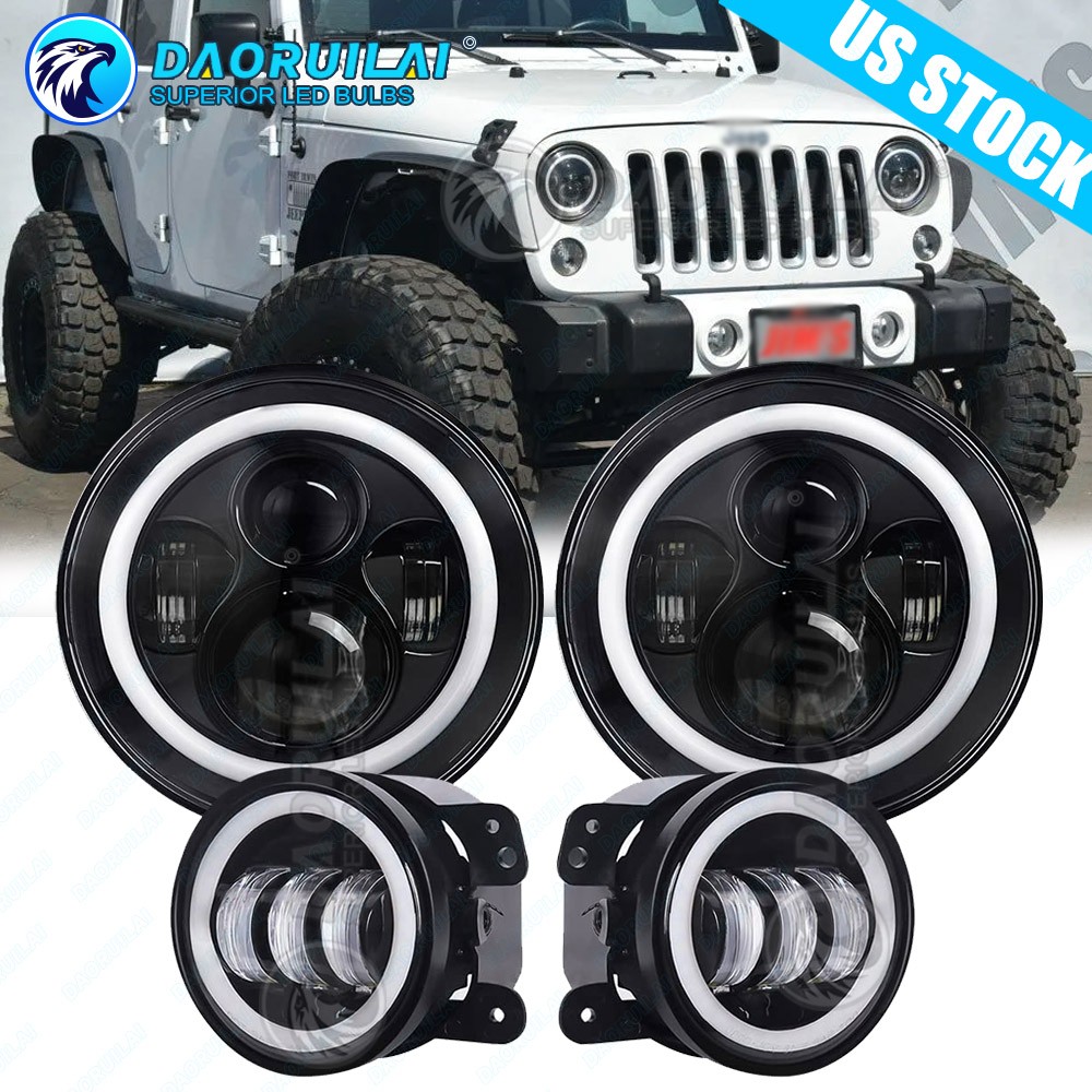 For 2007-2018 Jeep Wrangler JK JKU 7″ Inch Halo LED Headlights Fog Lights Combo