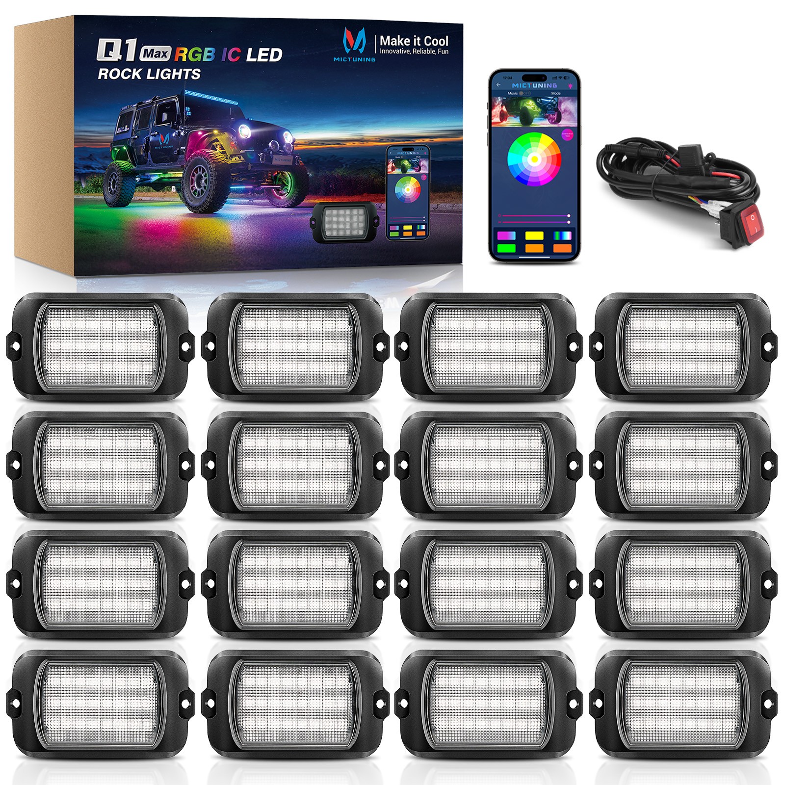 Q1 Max RGB+IC Rock Lights Chasing Dream Color – 16 Pods Underglow Lighting Kit