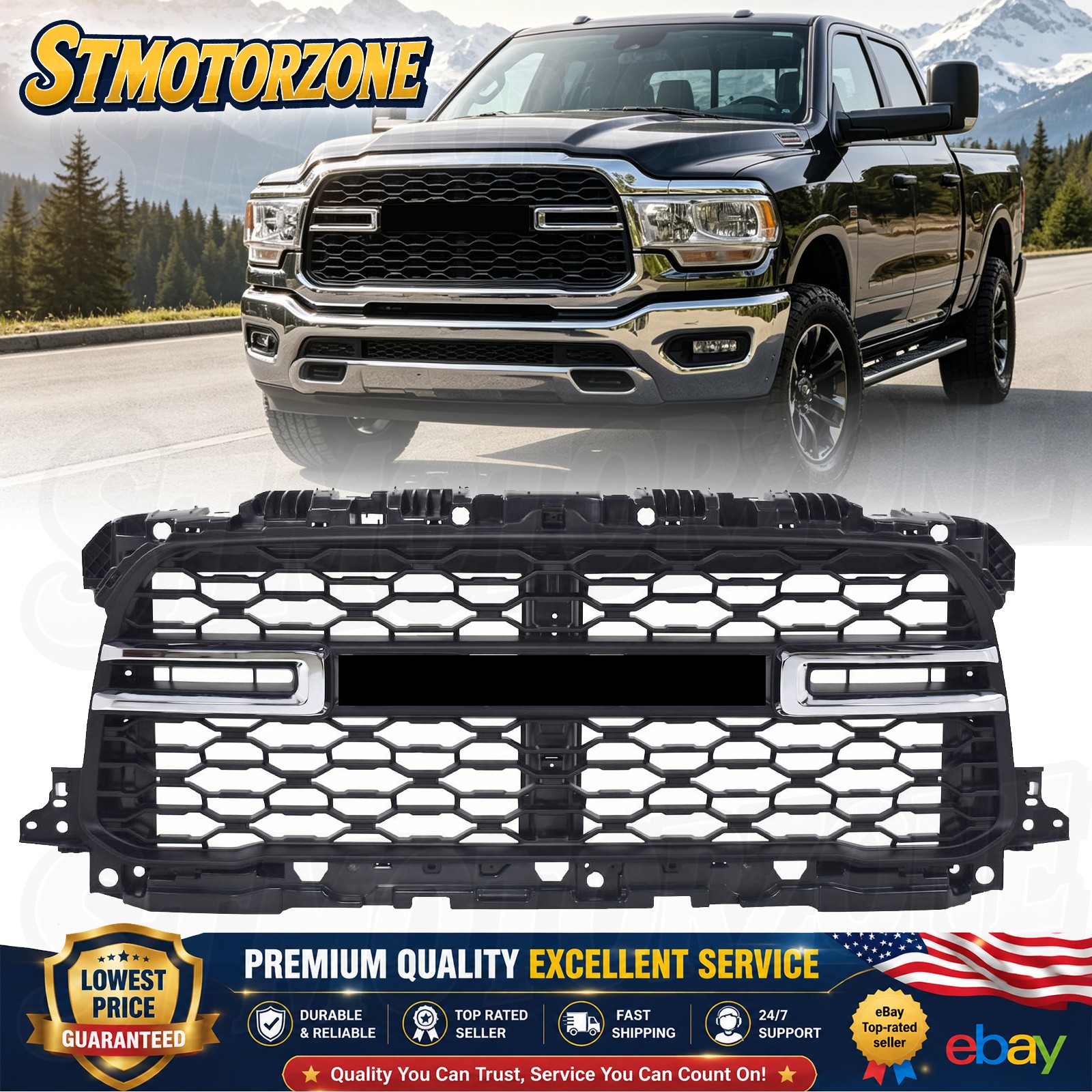 For 2019-2023 2024 Ram 2500 3500 Front Bumper Grille Matte Black W/ Chrome Trim