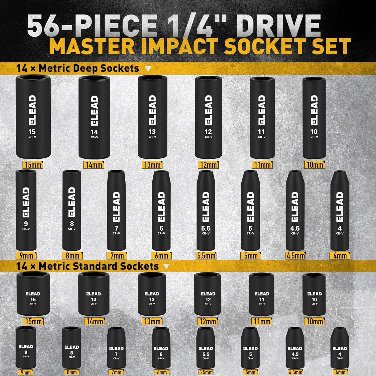 1/4″ Drive Impact Socket Set 56-Piece Standard SAE and Metric Size 6 Point Cr-V