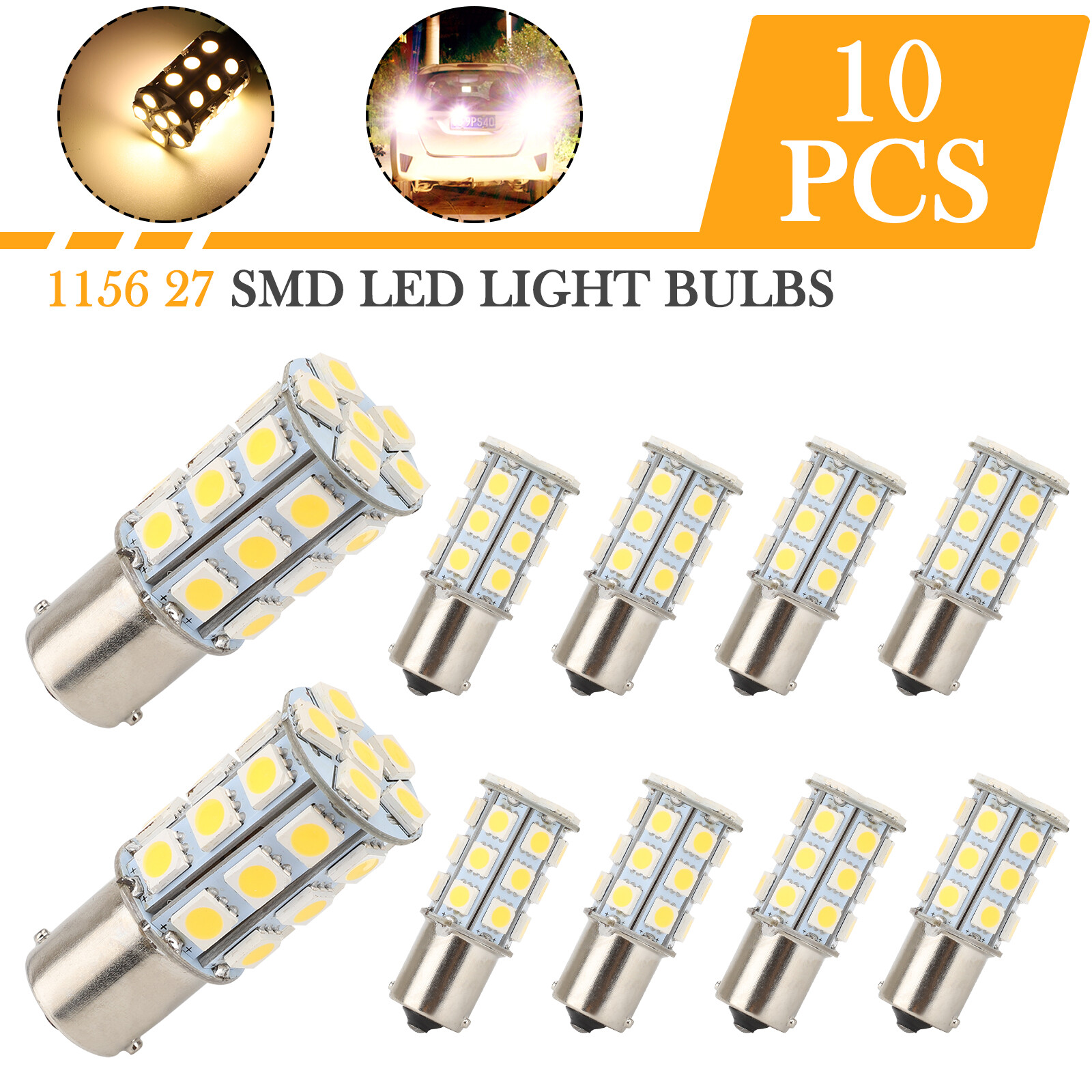 10pcs Warm White LED 1156 27-SMD RV Camper Trailer Interior Light Bulbs 1141 12V
