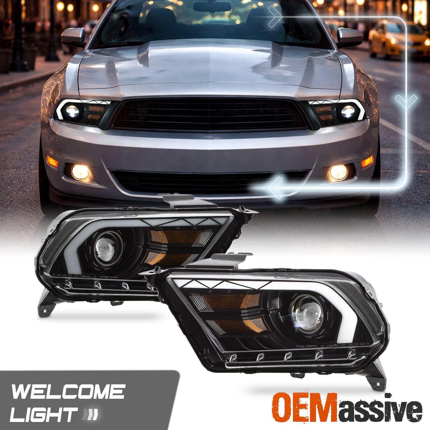 For 2010-2014 Ford Mustang LED Hi-Lo Beam Headlights w/DRL+Greeting Welcome Lamp