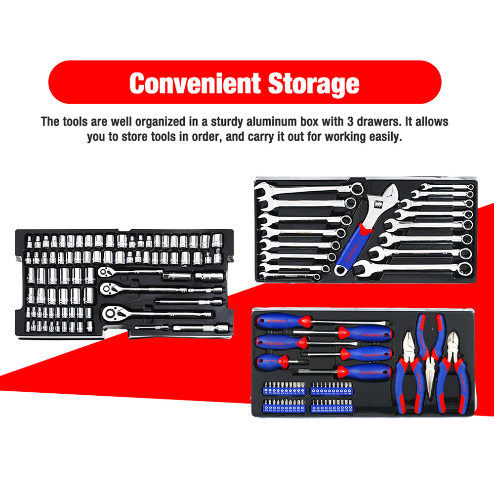 WORKPRO 408PCS Mechanics Tool Set 3Drawer Home Repair Tool Kit Hand Tool Kit Set