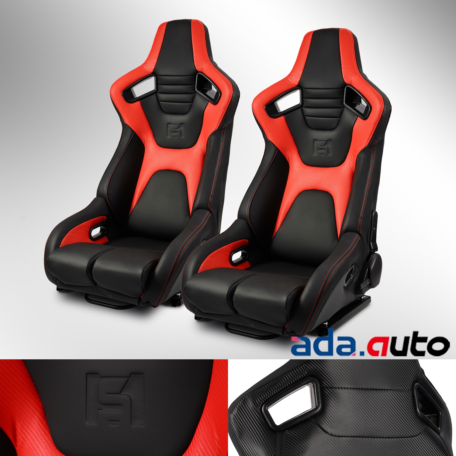 [Venom Series] Reclinable Black+Red PVC Carbon Fiber Leather Racing Seats Pair