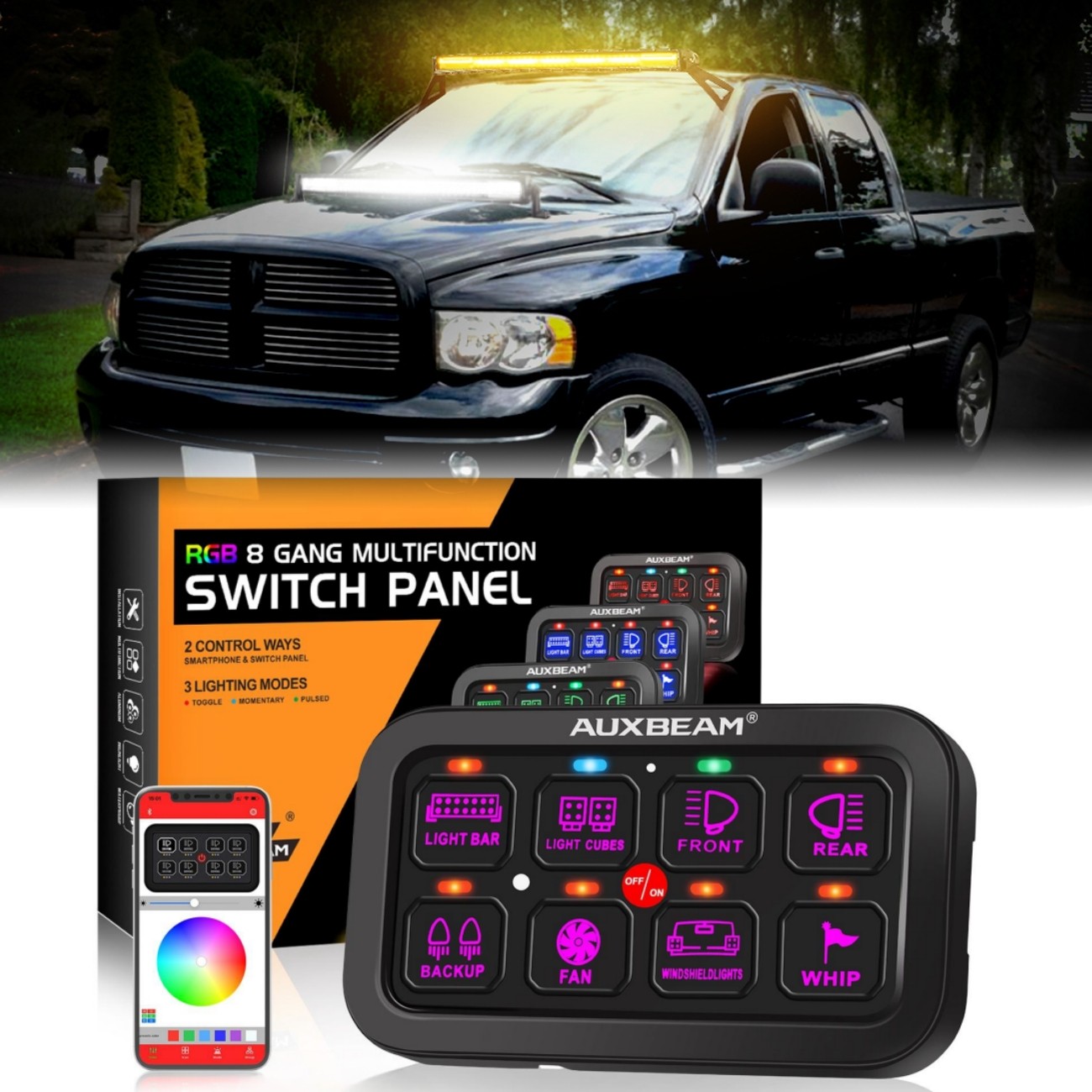 AUXBEAM Multifunction 8 Gang AR-800 Switch Panel RGB w/ APP Controller for Dodge
