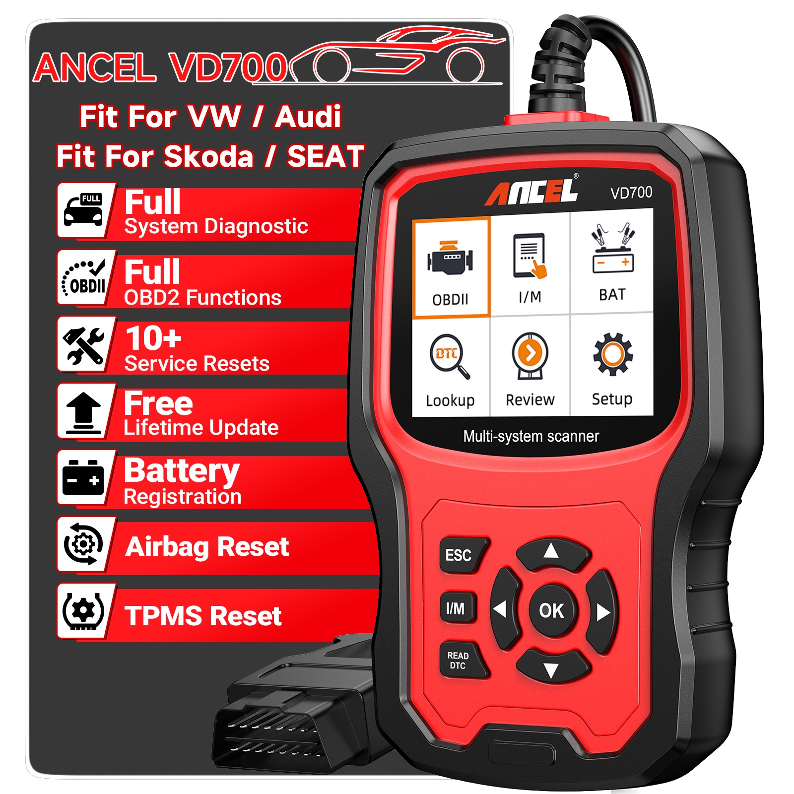 ANCEL VD700-US Car Diagnostic Tools OBD2 Scanner Full System Code Reader For VAG
