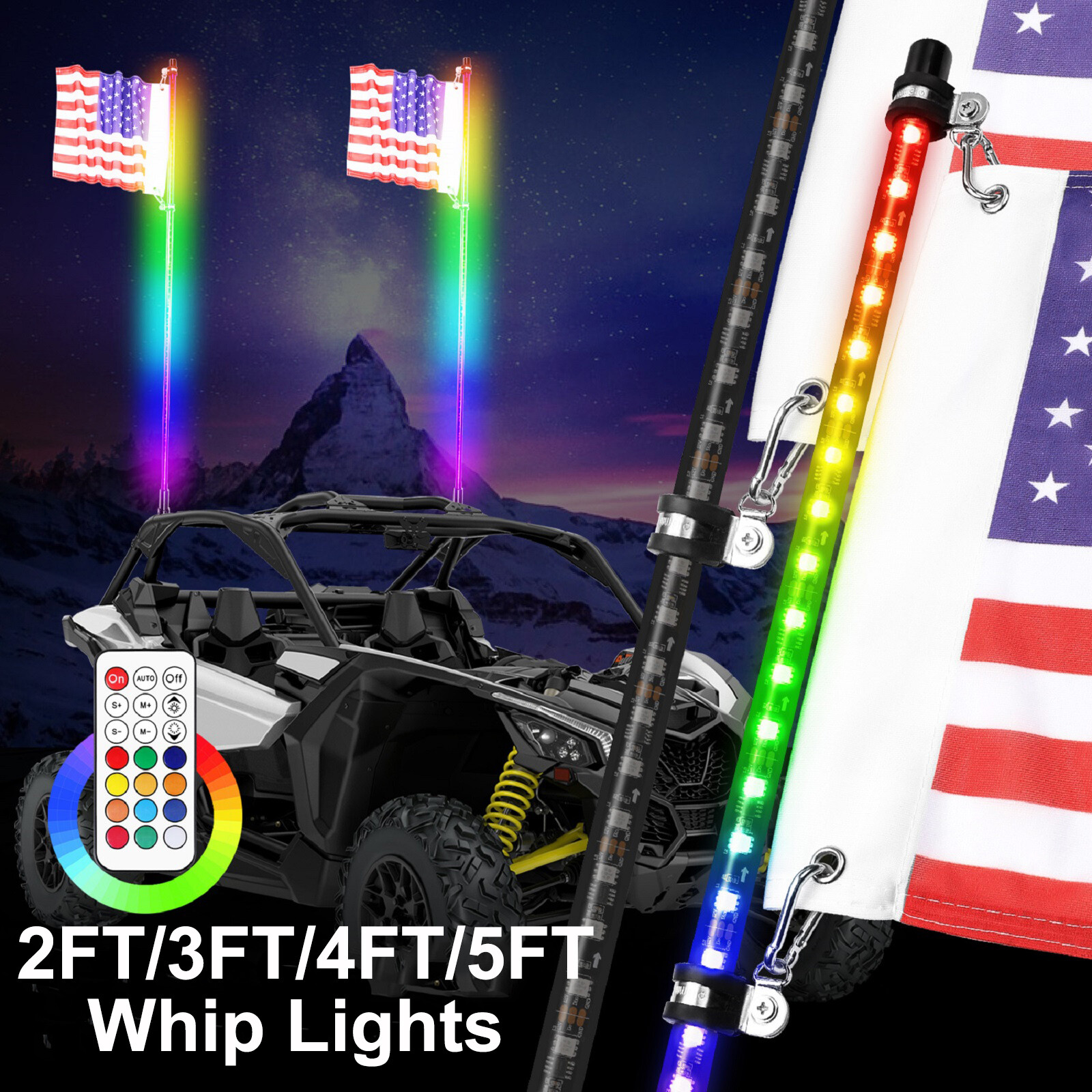 2PC 2FT-5FT RGB Whip Lights Antenna RGB Chasing For Can-am X3 RZR UTV ATV